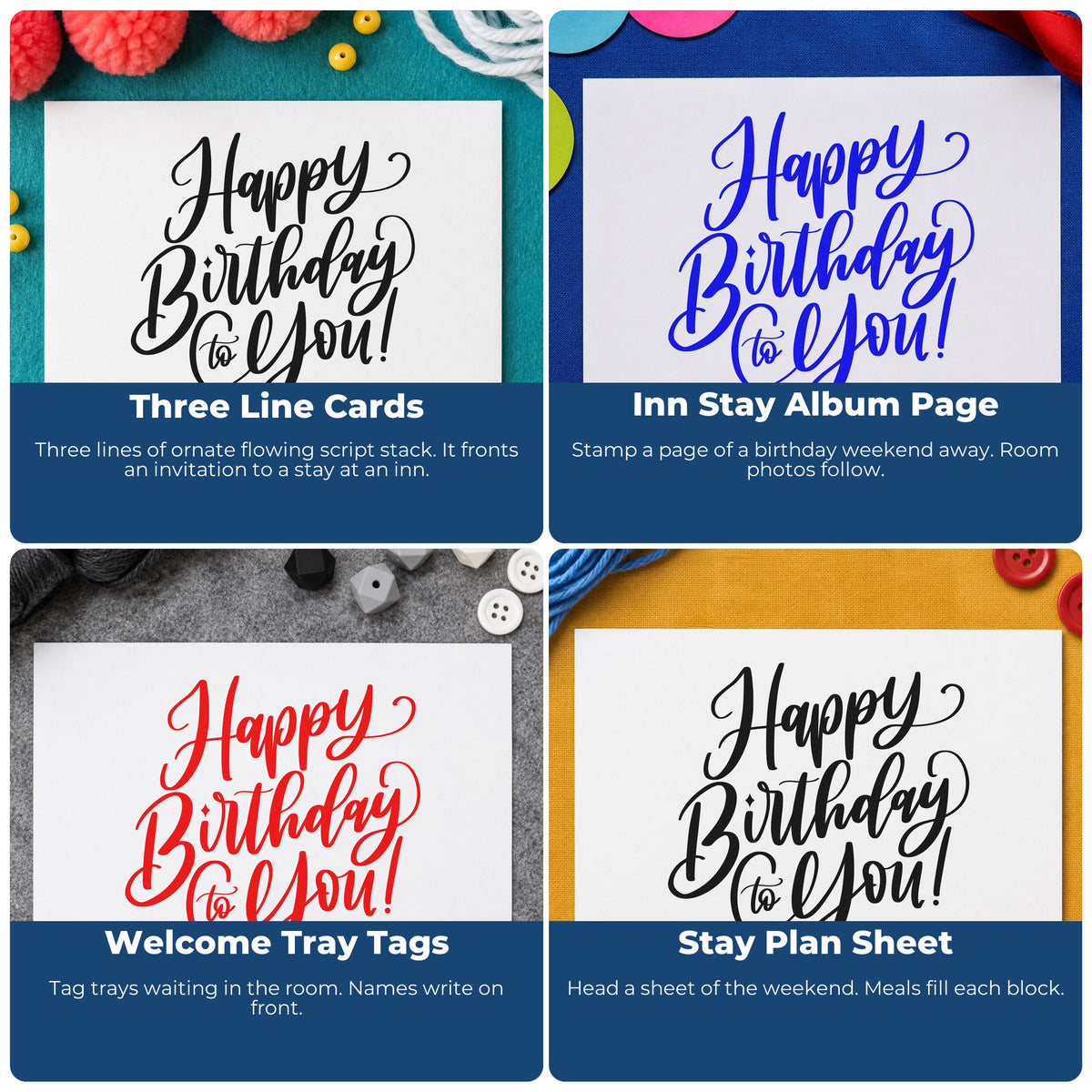 Four ways to use the Happy Birthday To You! Script Lettering Wood Handle Stamp: three line cards, inn stay album page, welcome tray tags and stay plan sheet.