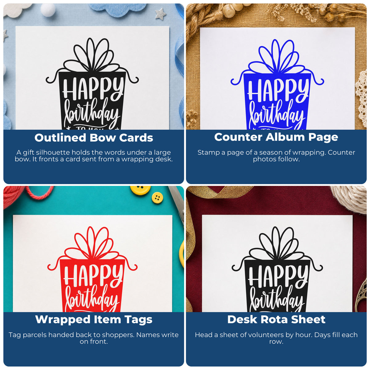 Four ways to use the Birthday Gift Shaped Word Art Pre-Inked Stamp – Slim: outlined bow cards, counter album page, wrapped item tags and desk rota sheet.