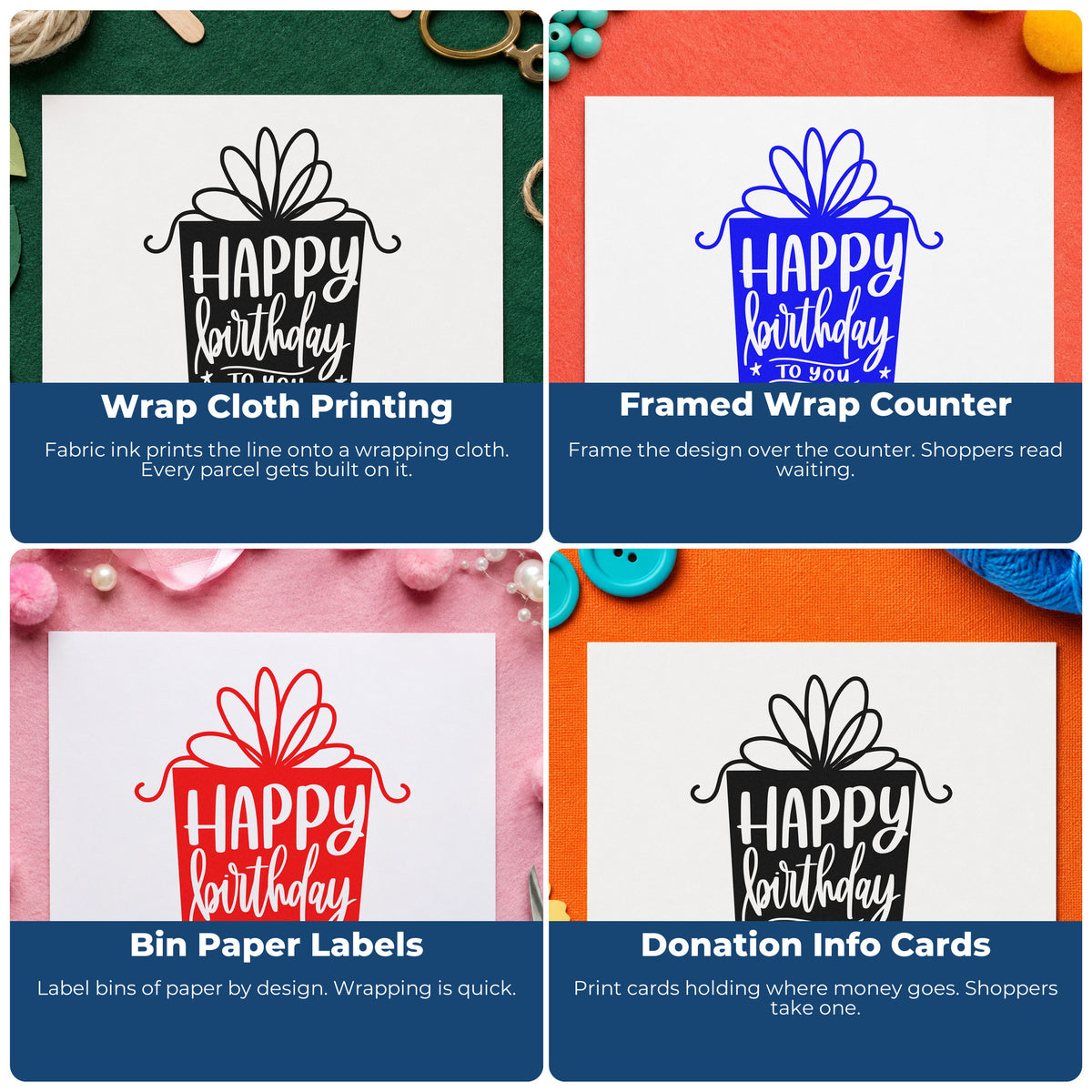 Four ways to use the Birthday Gift Shaped Word Art Hand Stamp – Duo: wrap cloth printing, framed wrap counter, bin paper labels and donation info cards.