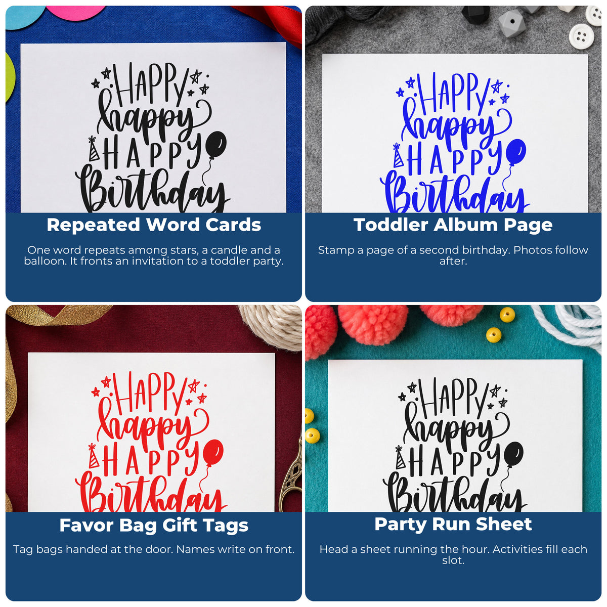 Four ways to use the Repeated Happy Birthday Balloons Candles Stamp - Premium Vintage Pro Wooden: repeated word cards, toddler album page, favor bag gift tags and party run sheet.
