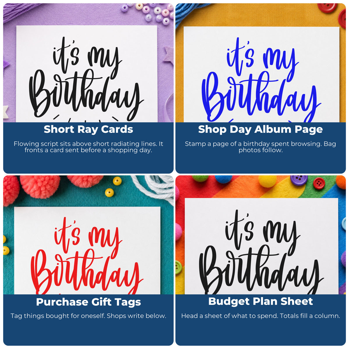 Four ways to use the My Birthday Radiating Script Lettering Rubber Stamp – Wood Handle: short ray cards, shop day album page, purchase gift tags and budget plan sheet.