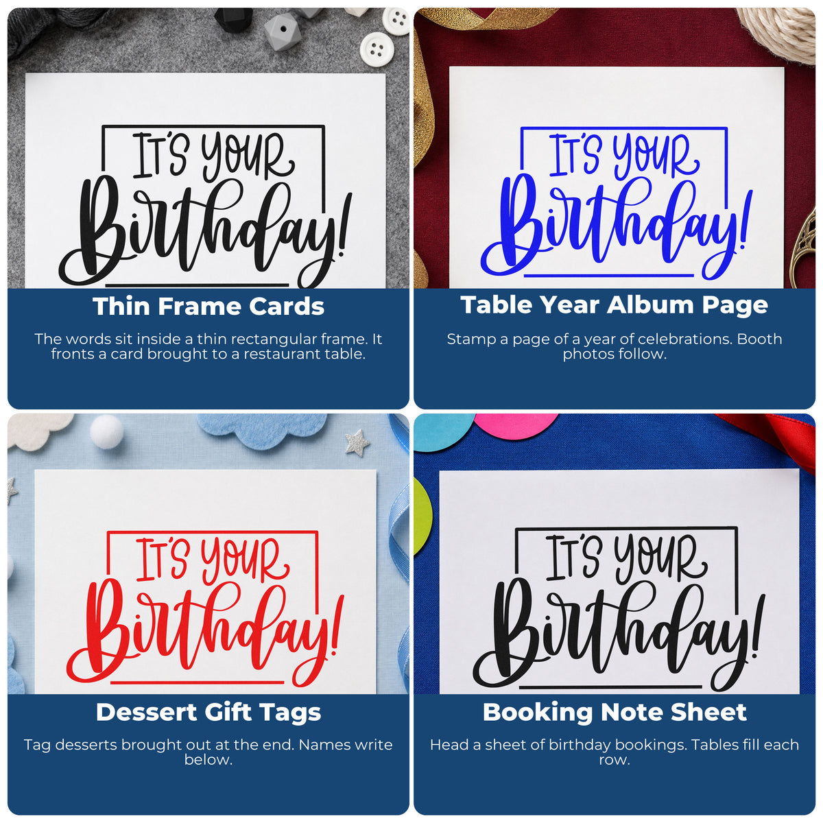 Four ways to use the It Is Your Birthday Hand Stamp – Duo: thin frame cards, table year album page, dessert gift tags and booking note sheet.