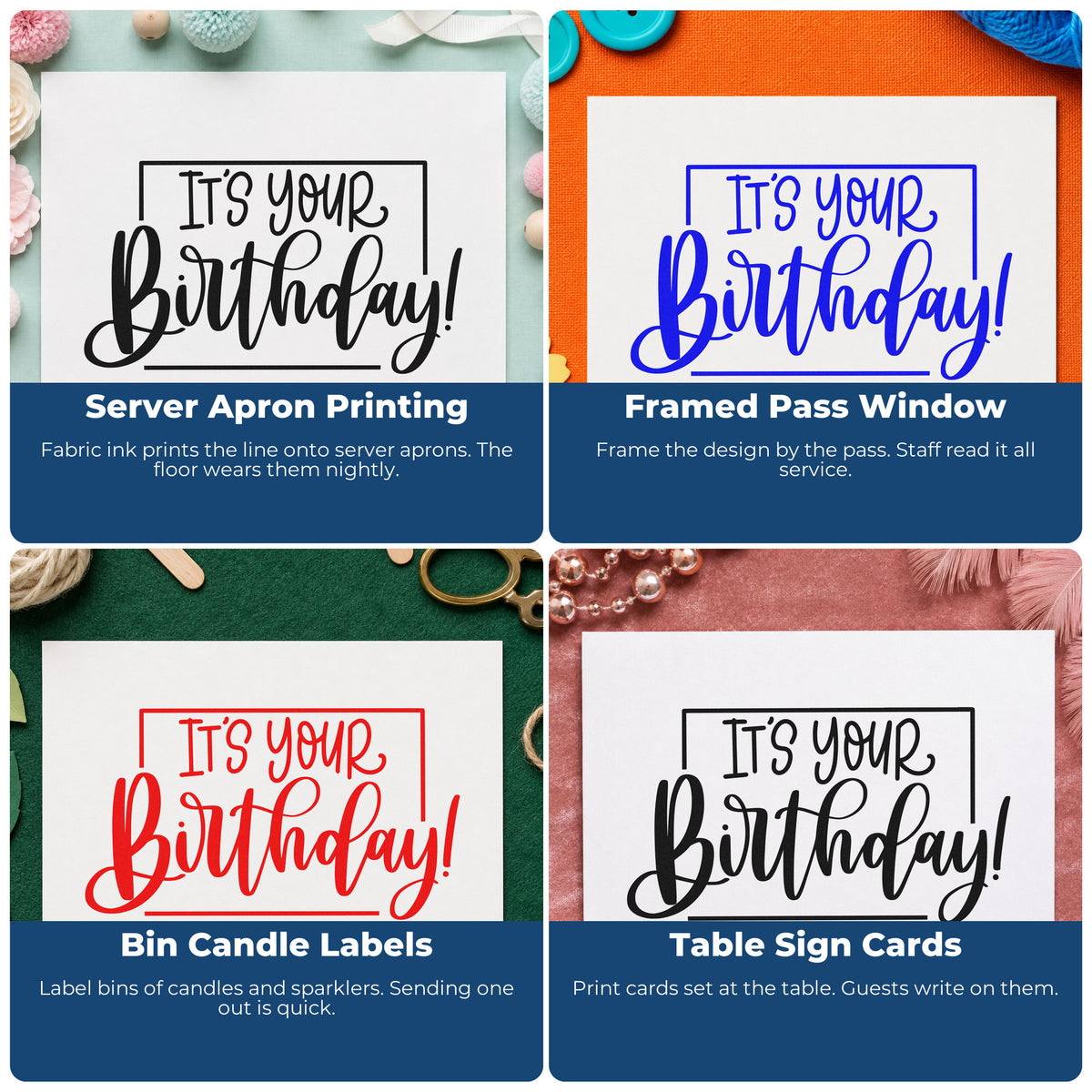 Four ways to use the It Is Your Birthday Premium Wooden Stamp - Vintage Pro: server apron printing, framed pass window, bin candle labels and table sign cards.