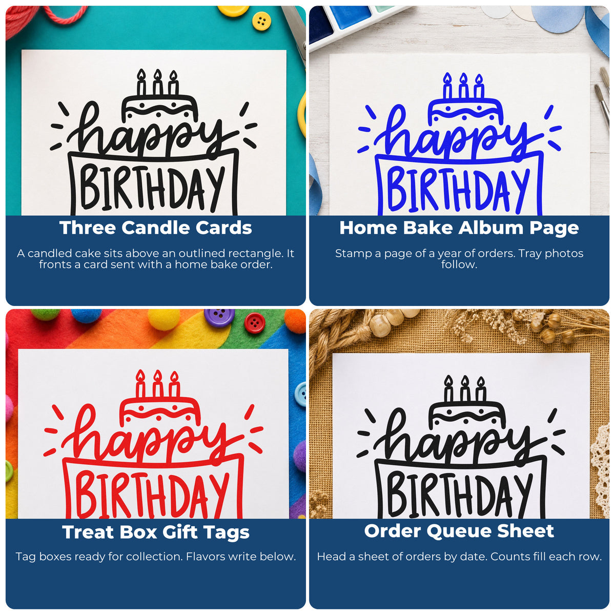 Four ways to use the Pre-Inked Happy Birthday Cake Framed Lettering Stamp – PSI: three candle cards, home bake album page, treat box gift tags and order queue sheet.