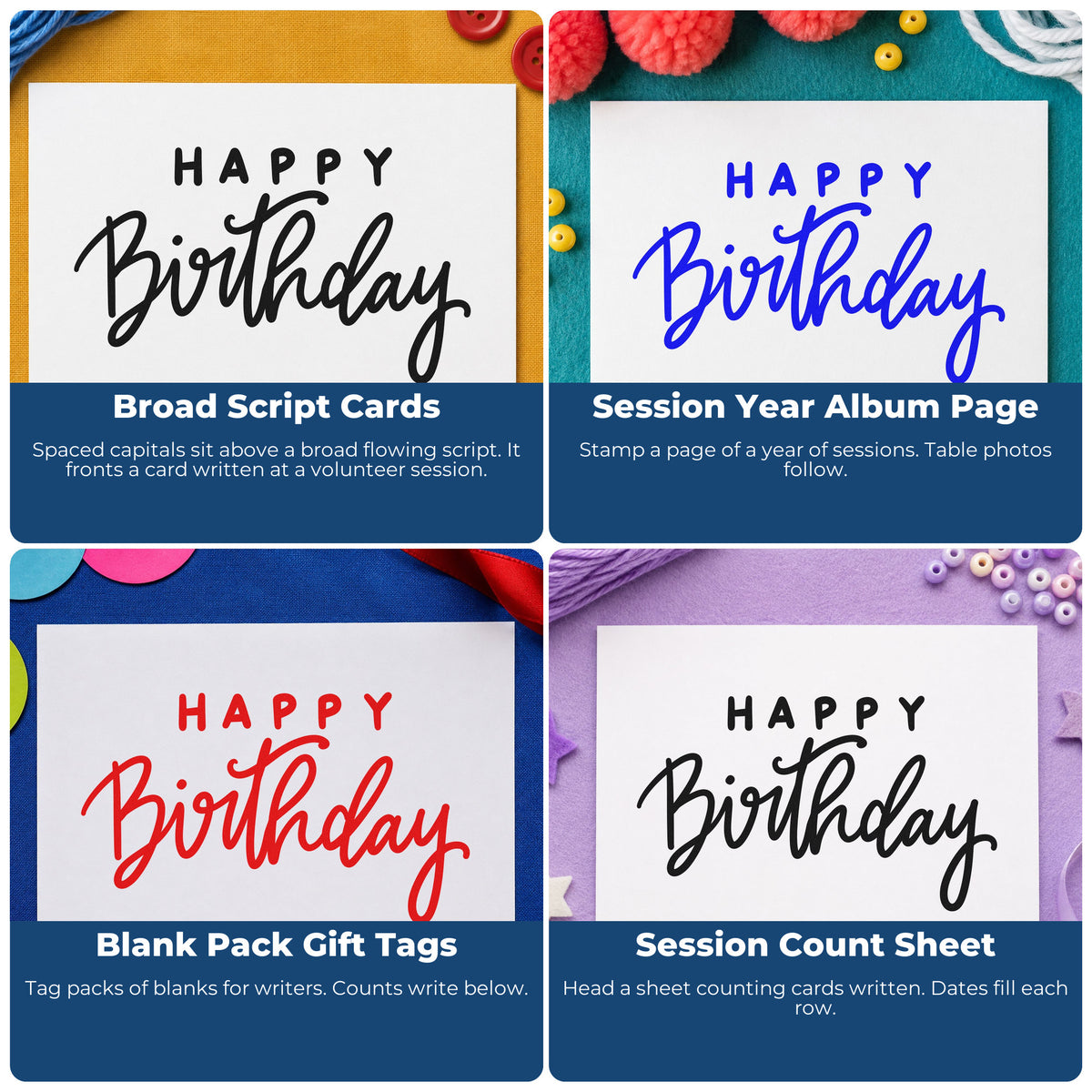 Four ways to use the Happy Birthday Spaced Heading Self-Inking Stamp: broad script cards, session year album page, blank pack gift tags and session count sheet.