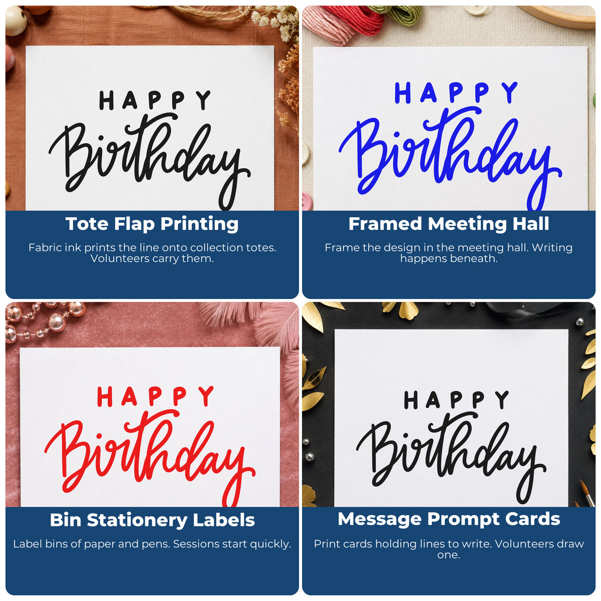 Four ways to use the Happy Birthday Spaced Heading Compact Pre-Inked Stamp – Slim: tote flap printing, framed meeting hall, bin stationery labels and message prompt cards.