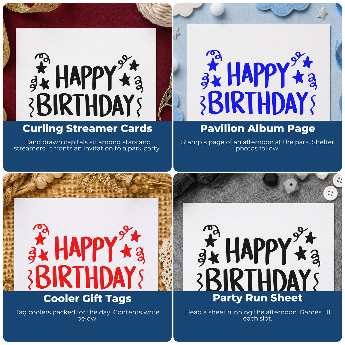 Four ways to use the Birthday Stars And Streamers Block Lettering Premium Wooden Stamp - Vintage Pro: curling streamer cards, pavilion album page, cooler gift tags and party run sheet.