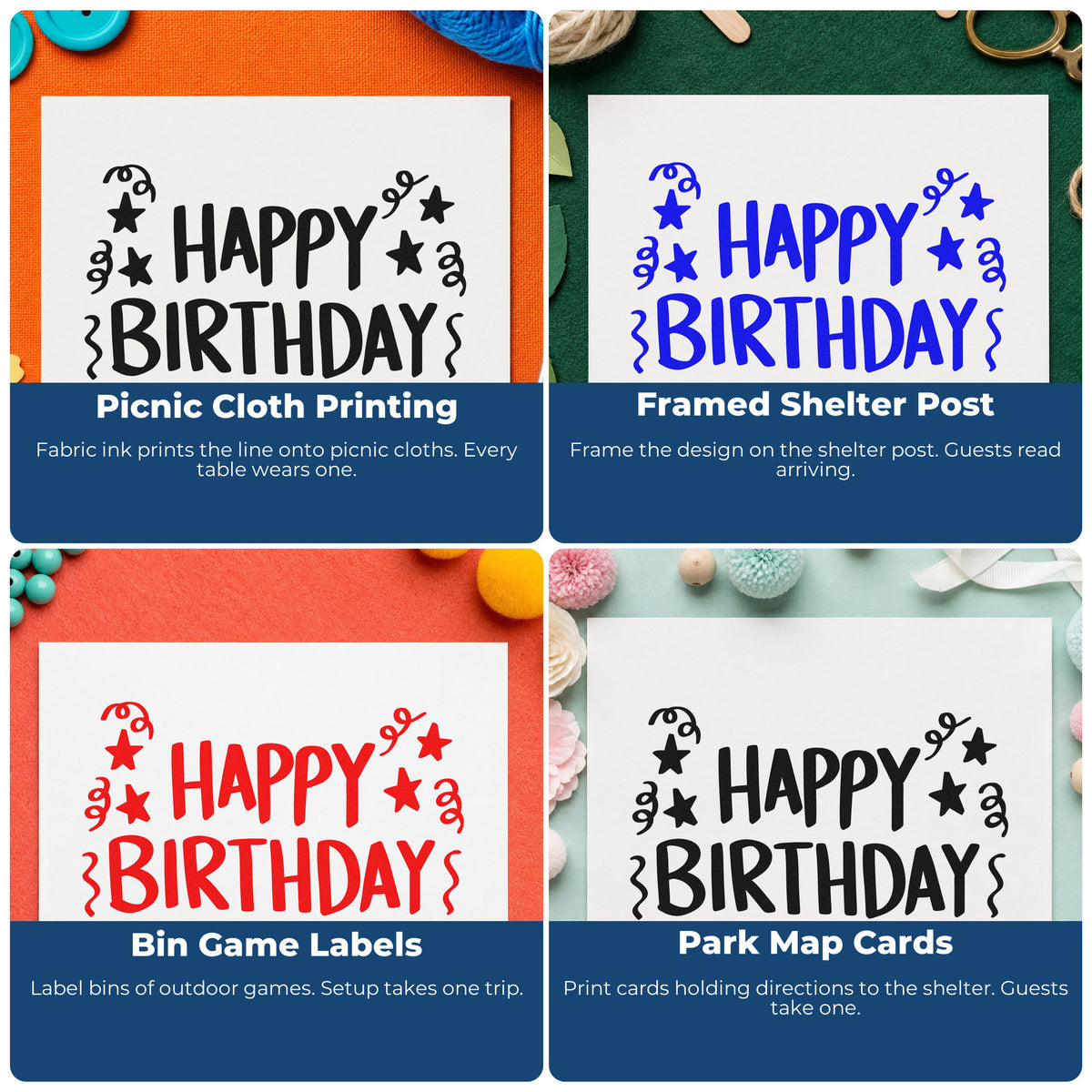 Four ways to use the Birthday Stars And Streamers Block Lettering Premium Wooden Stamp - Vintage Pro: picnic cloth printing, framed shelter post, bin game labels and park map cards.