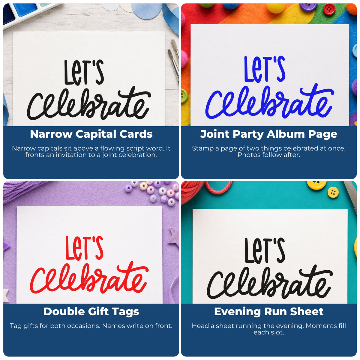 Four ways to use the Let's Celebrate Flowing Script Pre-Inked Stamp – PSI: narrow capital cards, joint party album page, double gift tags and evening run sheet.