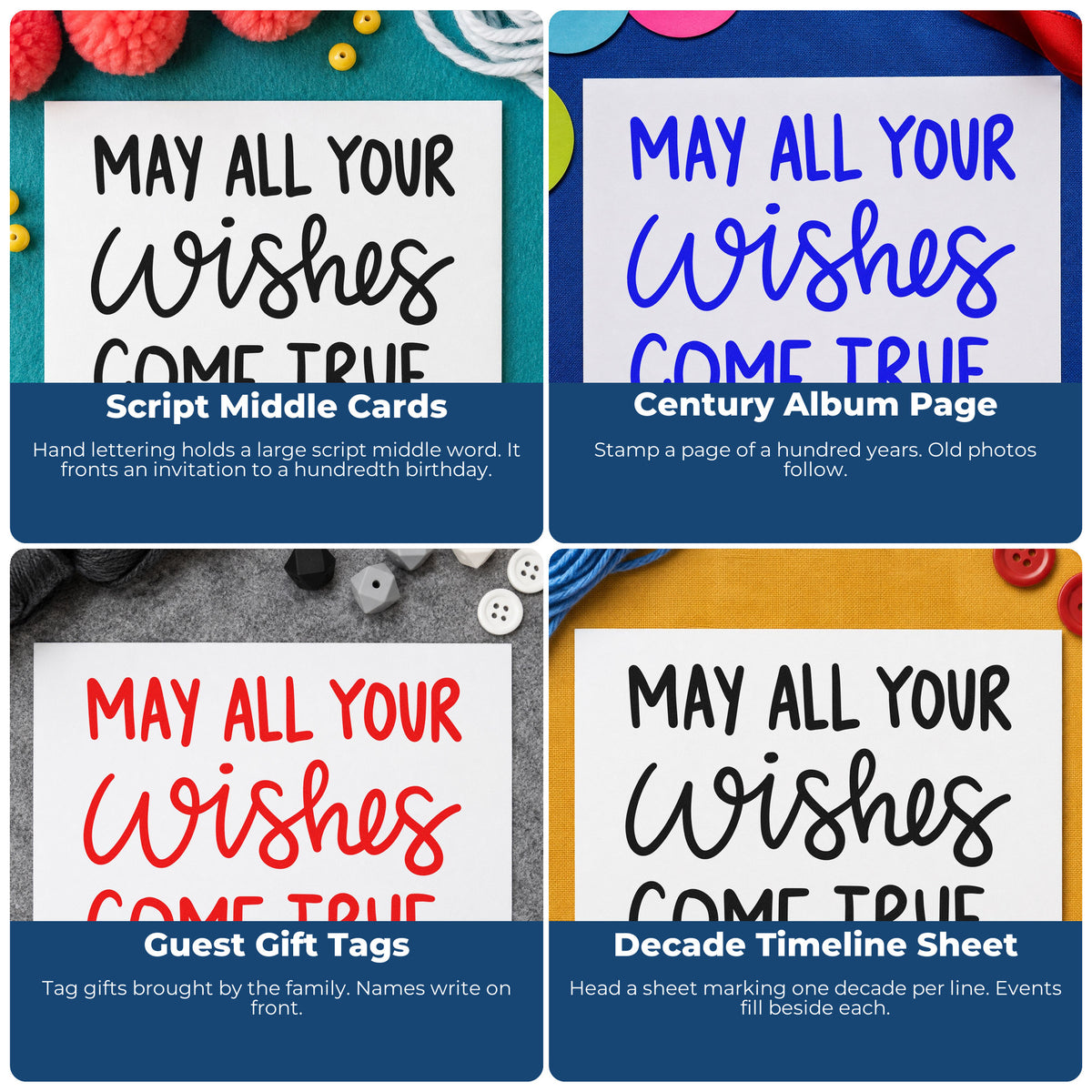 Four ways to use the May All Your Wishes Come True PSI Pre-Inked Stamp: script middle cards, century album page, guest gift tags and decade timeline sheet.