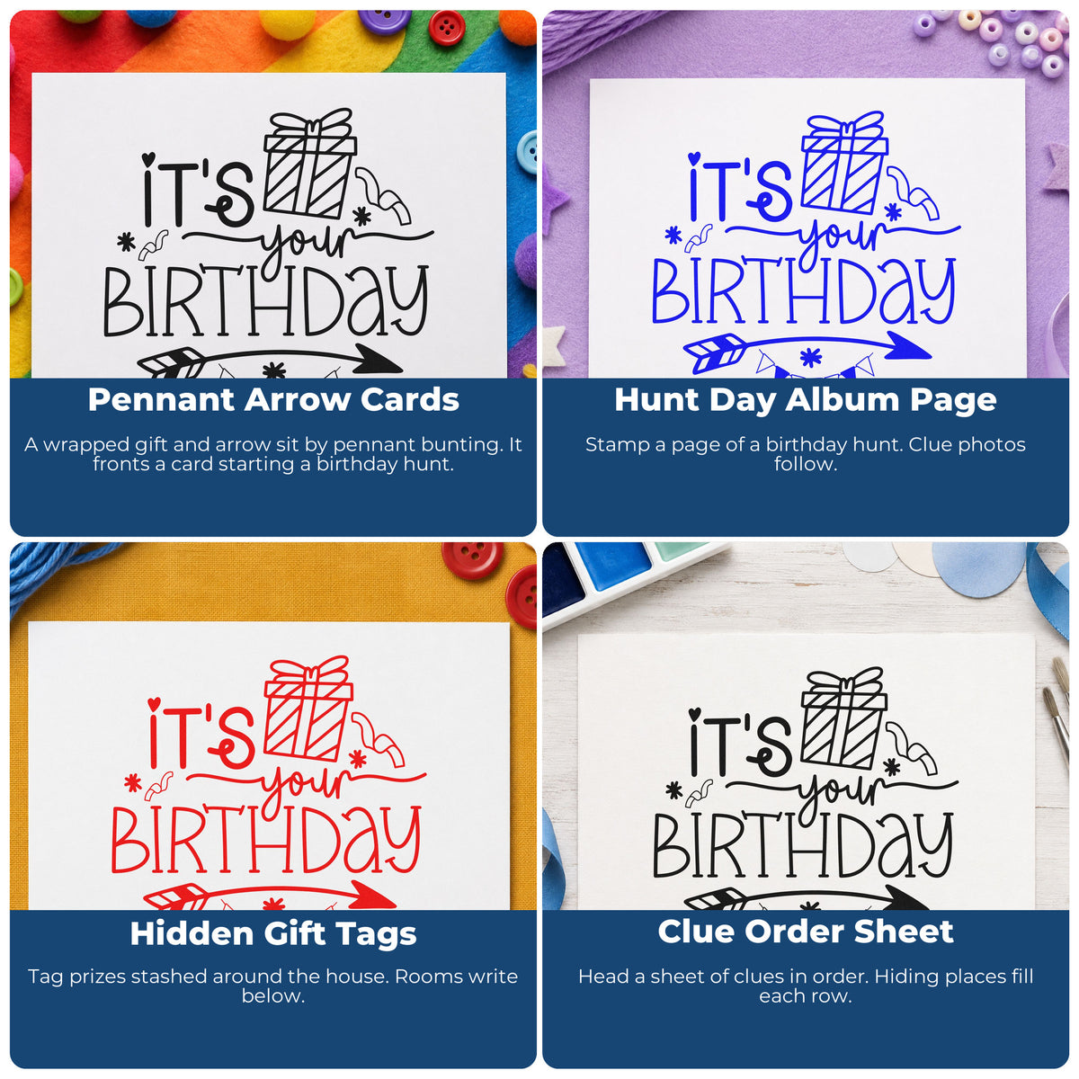 Four ways to use the Premium Wooden Your Birthday Gift Arrow Bunting Stamp - Vintage Pro: pennant arrow cards, hunt day album page, hidden gift tags and clue order sheet.