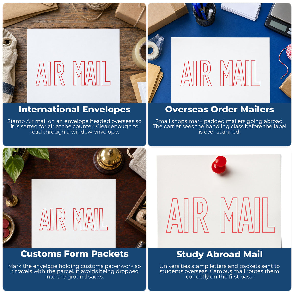 "Air mail" stamp shown in use on office documents, Air Mail Envelope Stamp overview
