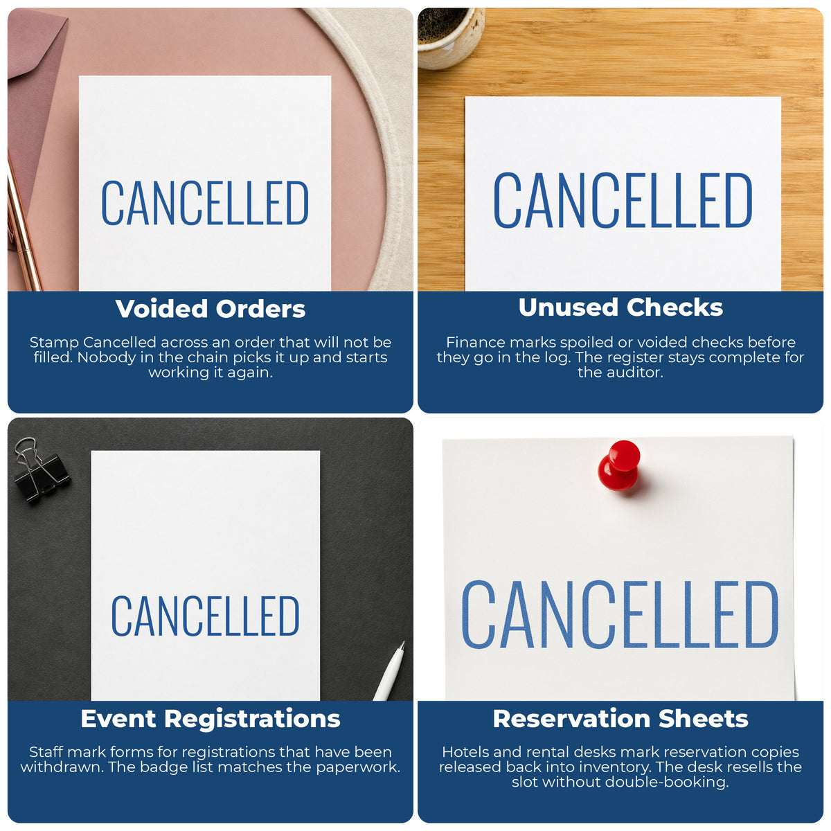 "Cancelled" stamp shown in use on office documents, Cancelled Stamp For Account Paperwork overview