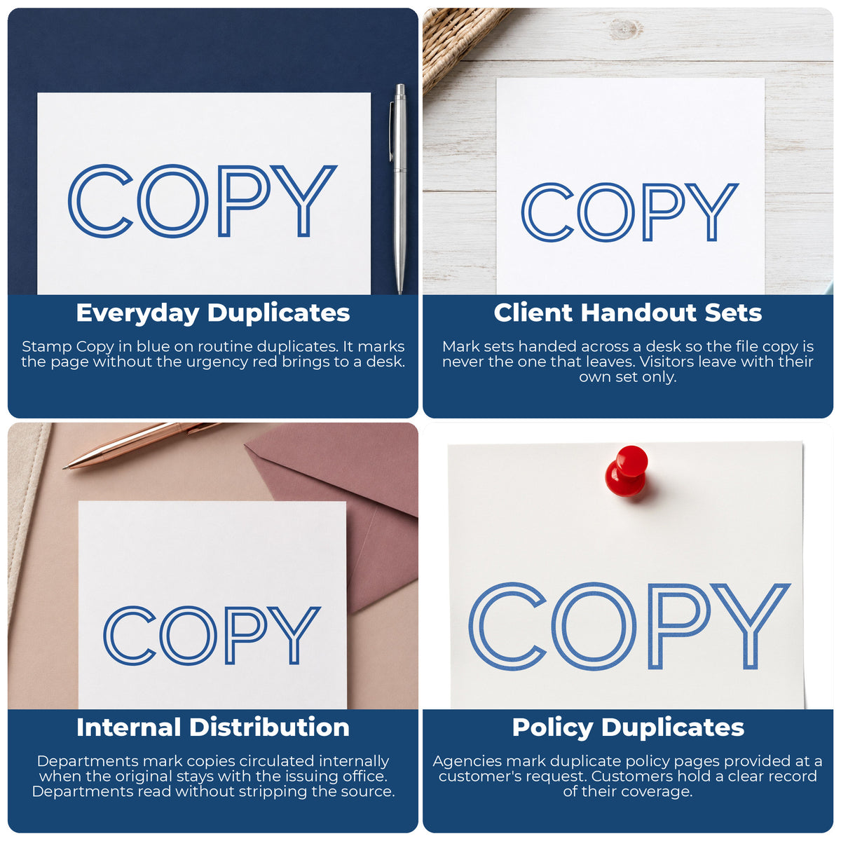 "Copy" stamp shown in use on office documents, Copy Stamp – Blue Pre-Inked Xstamper overview