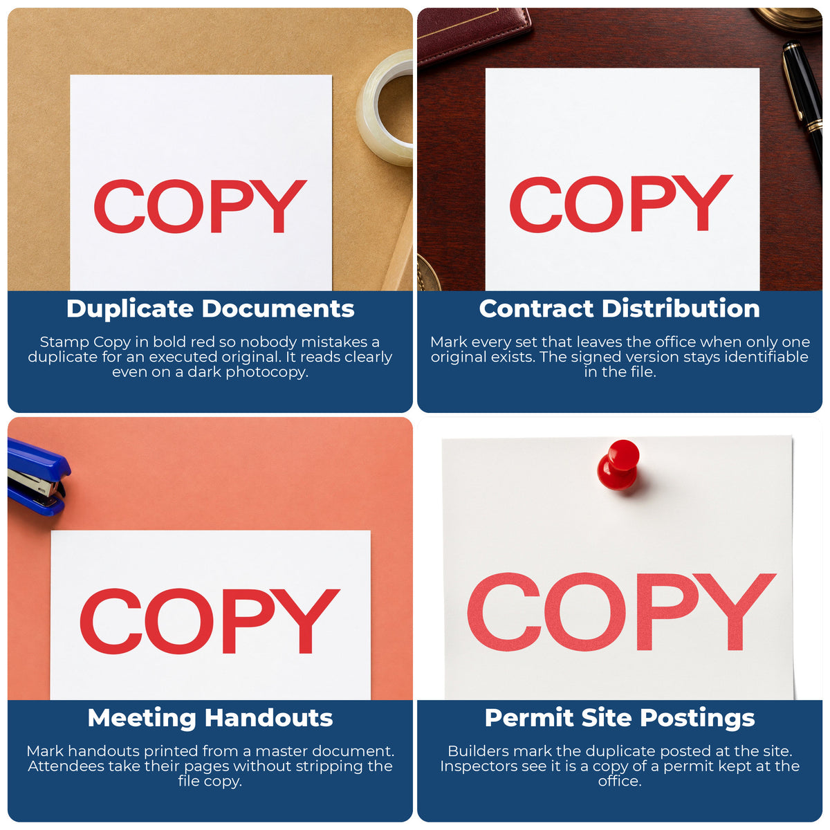 "Copy" stamp shown in use on office documents, Bold Red Copy Stamp overview
