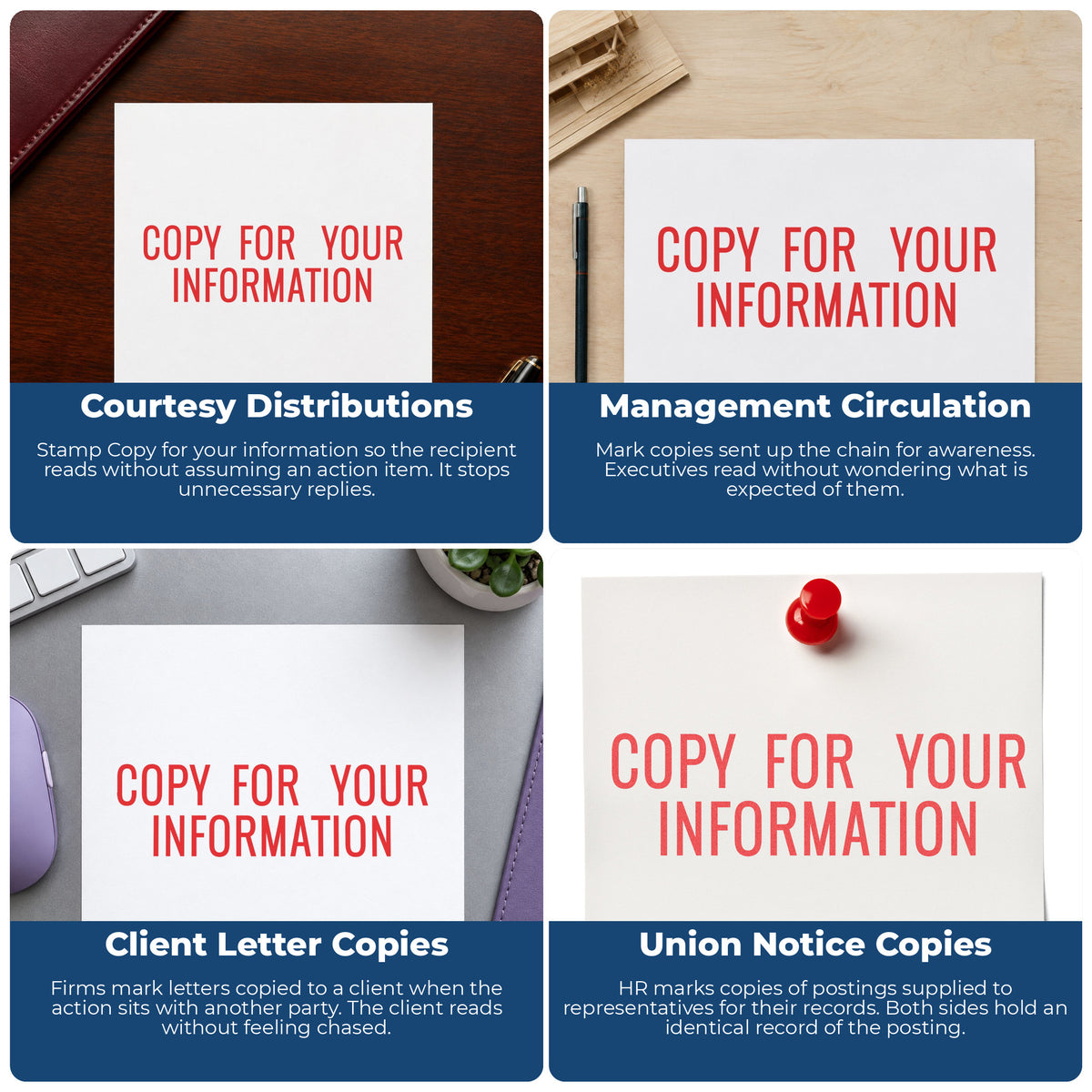 "Copy for your information" stamp shown in use on office documents, Xstamper Copy For Your Information Stamp overview