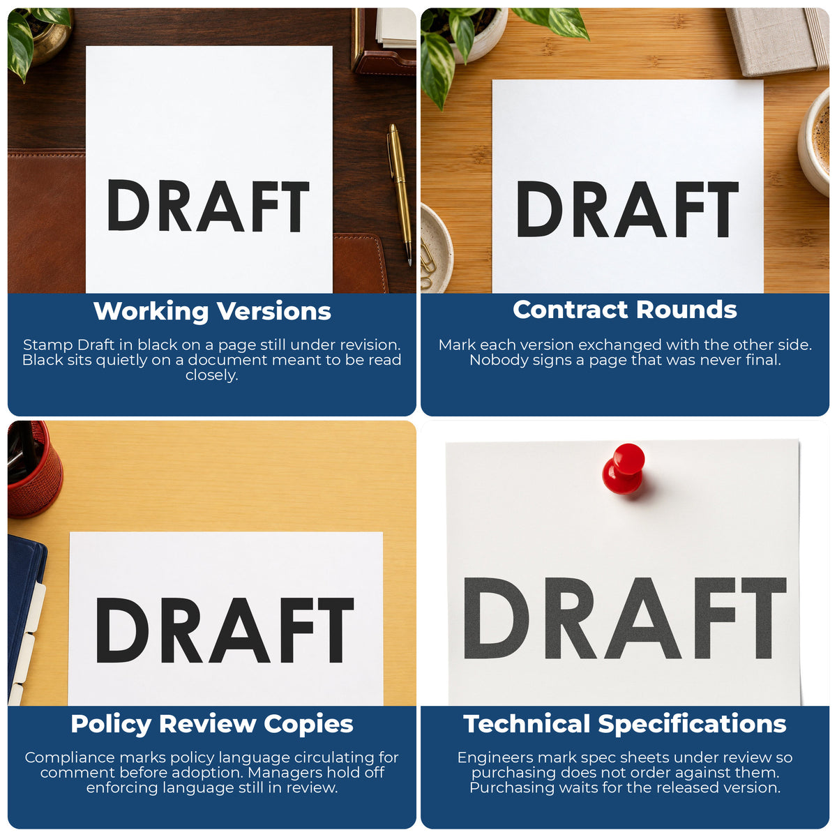 "Draft" stamp shown in use on office documents, Xstamper Draft Stamp – Black Pre-Inked overview