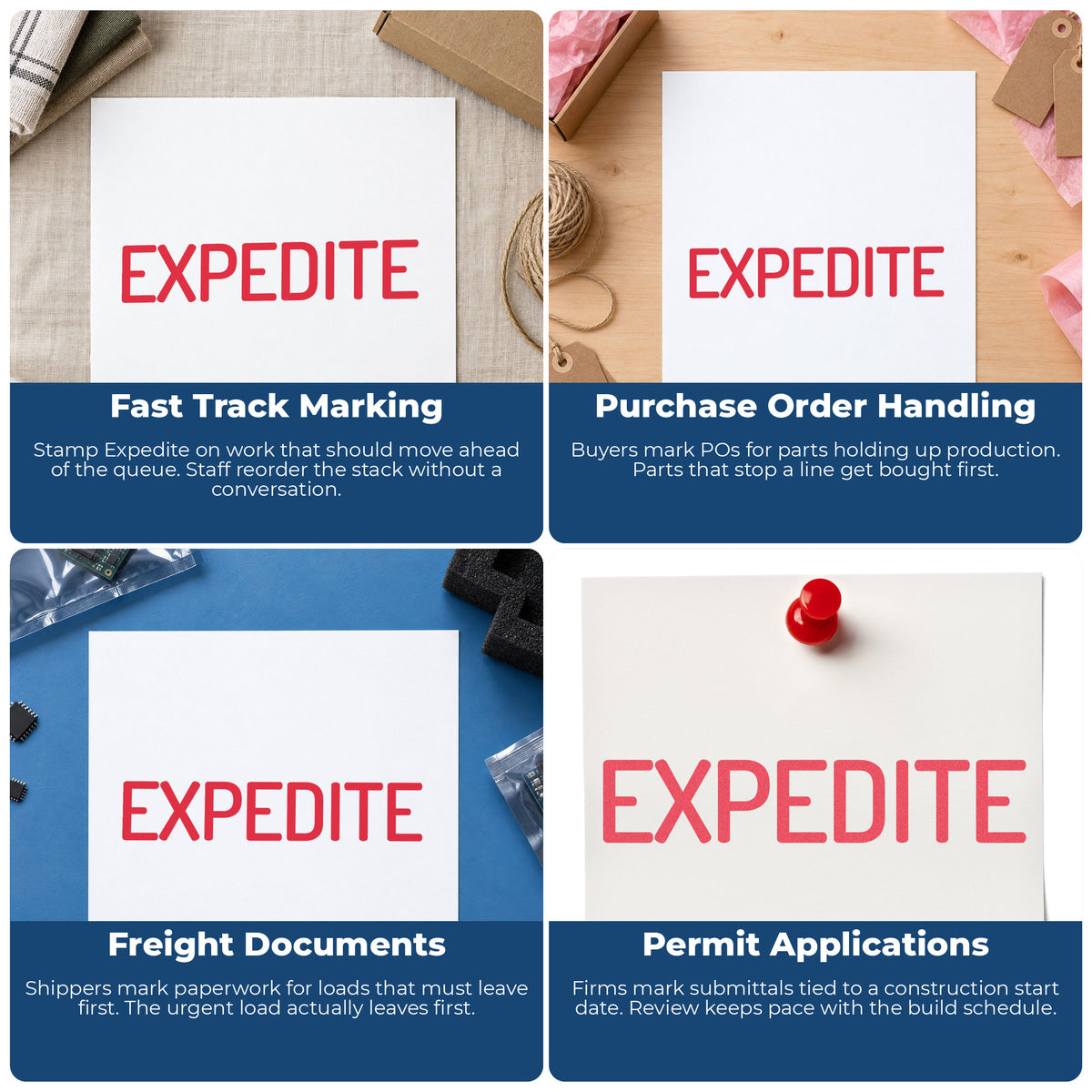 "Expedite" stamp shown in use on office documents, Xstamper Expedite Stamp overview