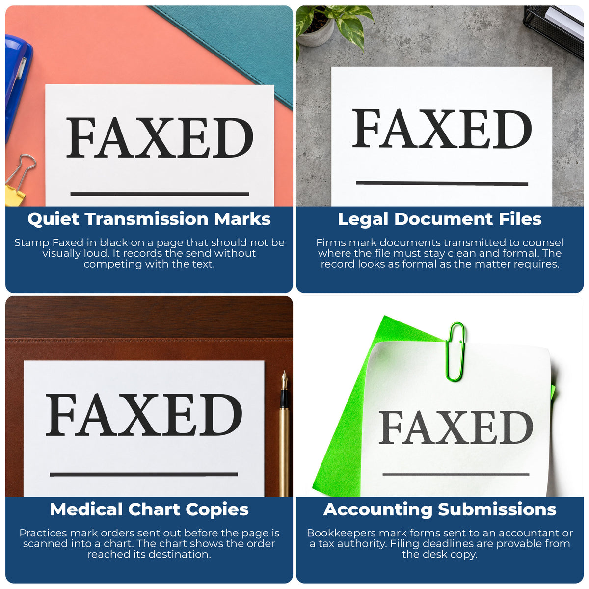 "Faxed" stamp shown in use on office documents, Xstamper Faxed Document Stamp – Black Pre-Inked overview
