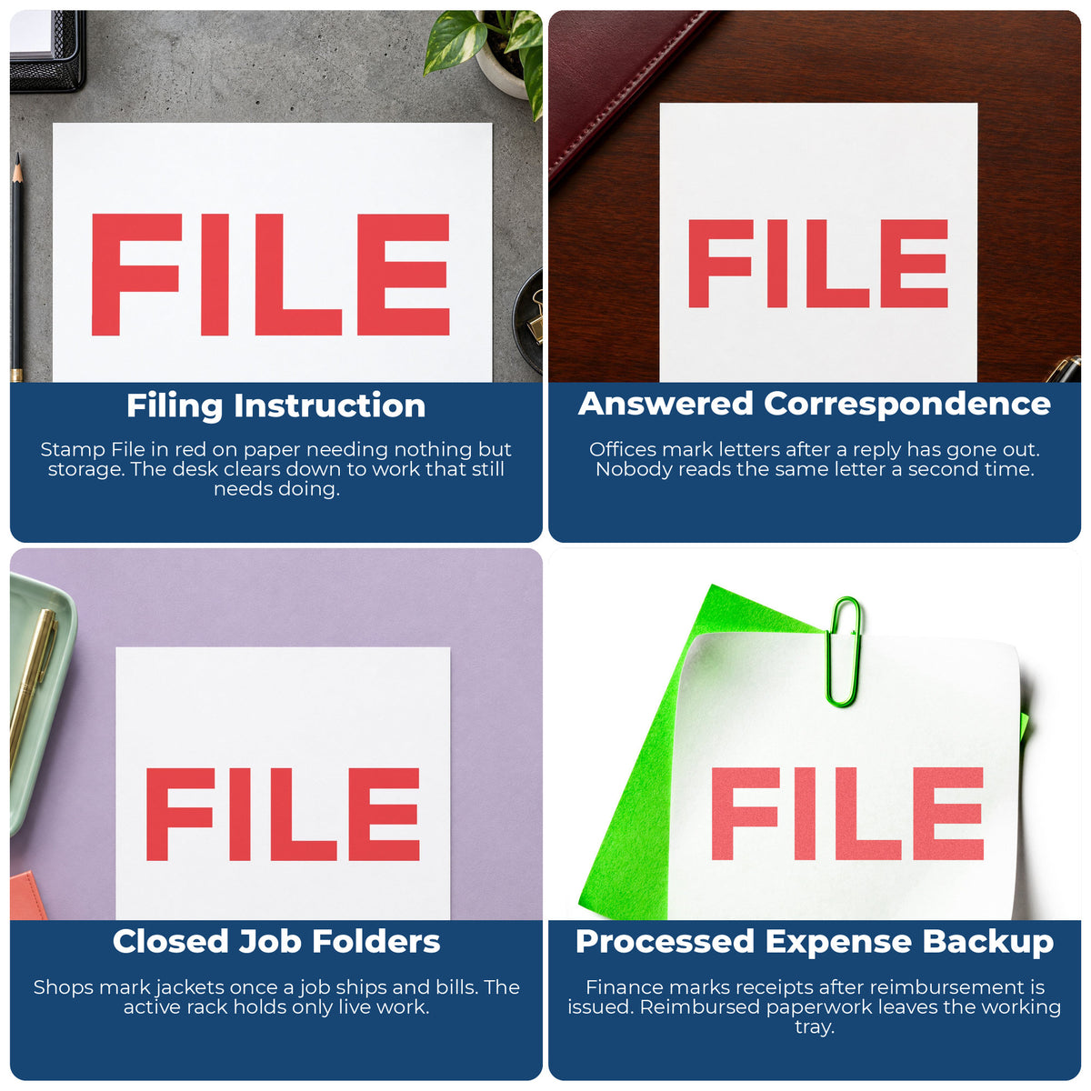 "File" stamp shown in use on office documents, Red File Stamp overview