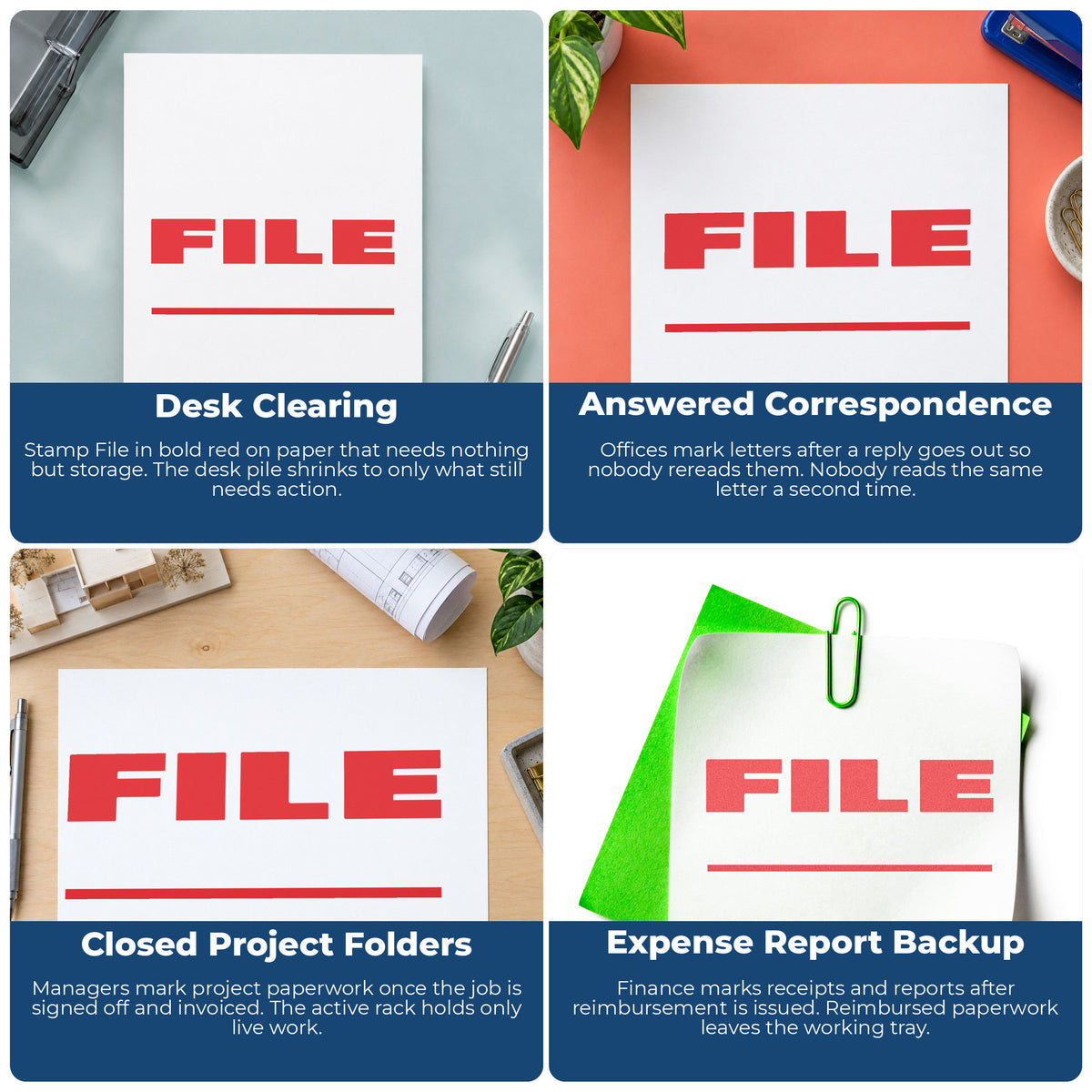 "File" stamp shown in use on office documents, Xstamper File Stamp – Bold Red Pre-Inked overview