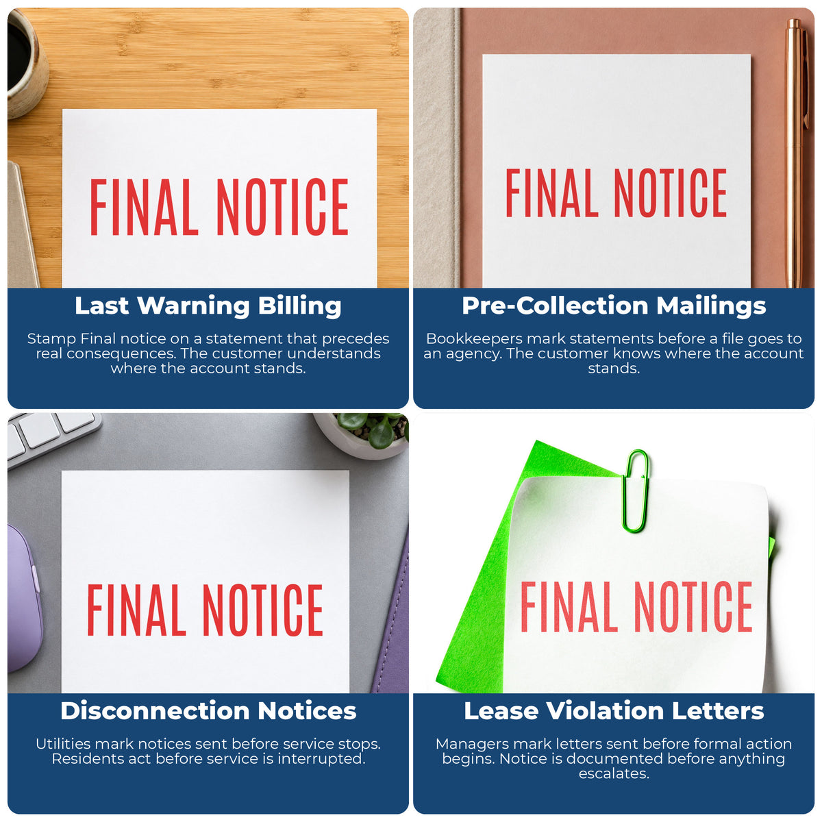 "Final notice" stamp shown in use on office documents, Xstamper Final Notice Billing Stamp overview