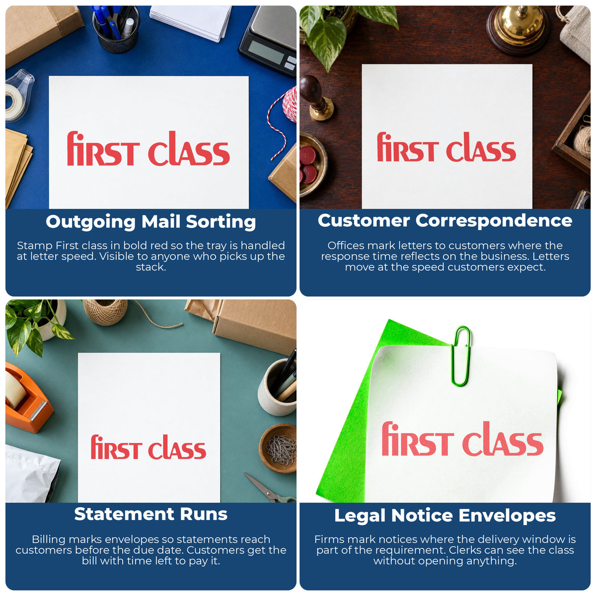 "First class" stamp shown in use on office documents, Bold Red First Class Stamp overview