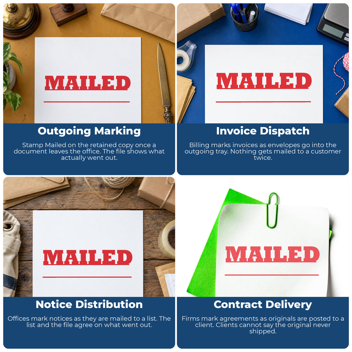 "Mailed" stamp shown in use on office documents, Mailed Stamp For Mail Processing overview
