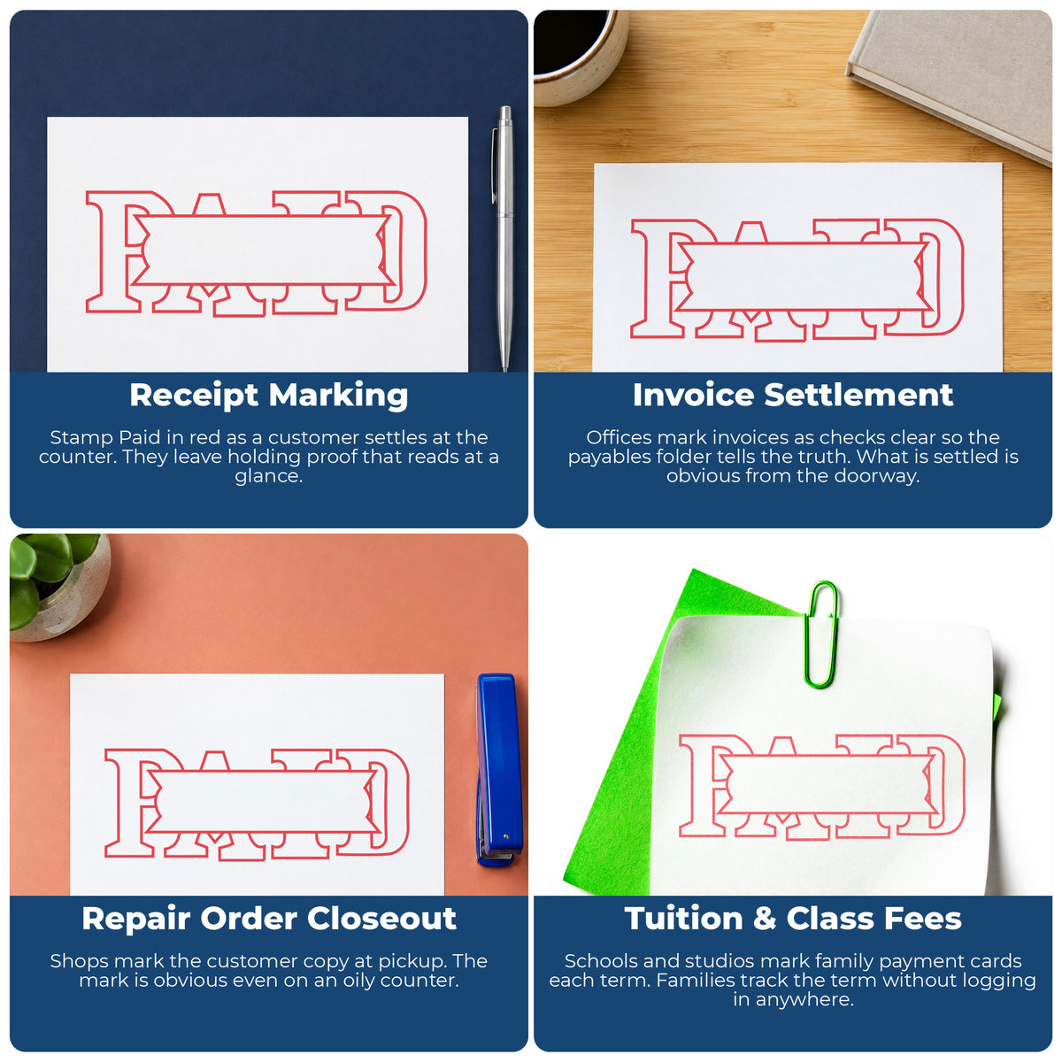 "Paid" stamp shown in use on office documents, Xstamper Paid Stamp – Red Pre-Inked overview