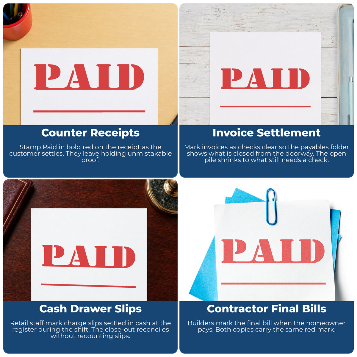 "Paid" stamp shown in use on office documents, Bold Red Paid Stamp overview
