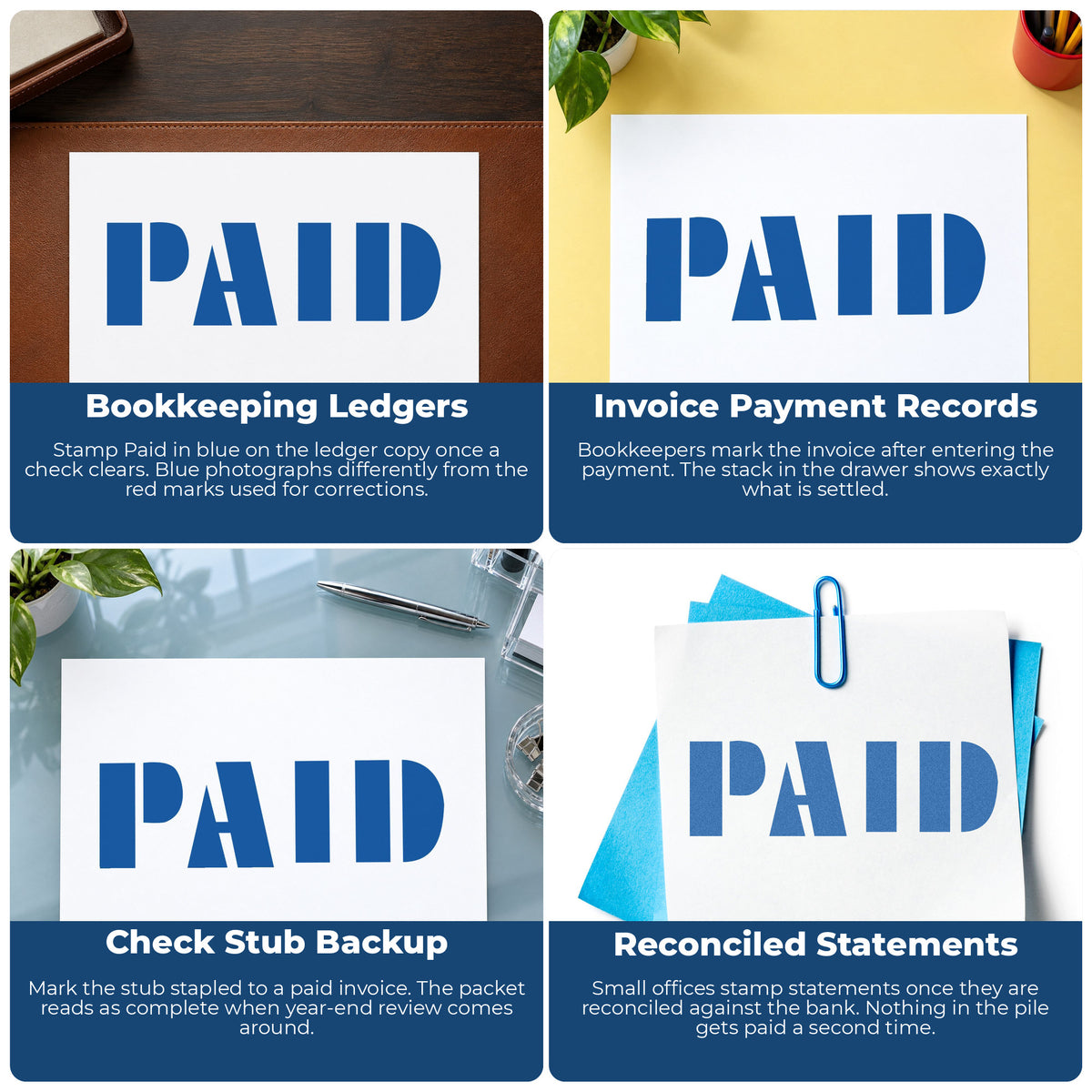 "Paid" stamp shown in use on office documents, Paid Stamp – Blue Pre-Inked Xstamper overview