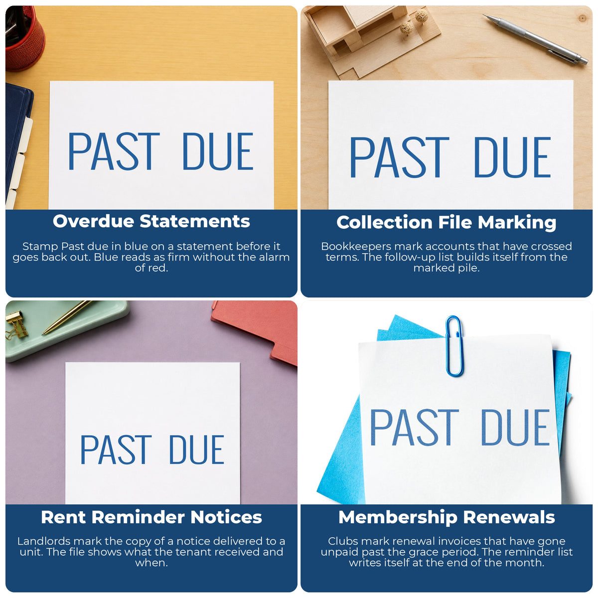 "Past due" stamp shown in use on office documents, Past Due Billing Stamp – Blue Pre-Inked Xstamper overview