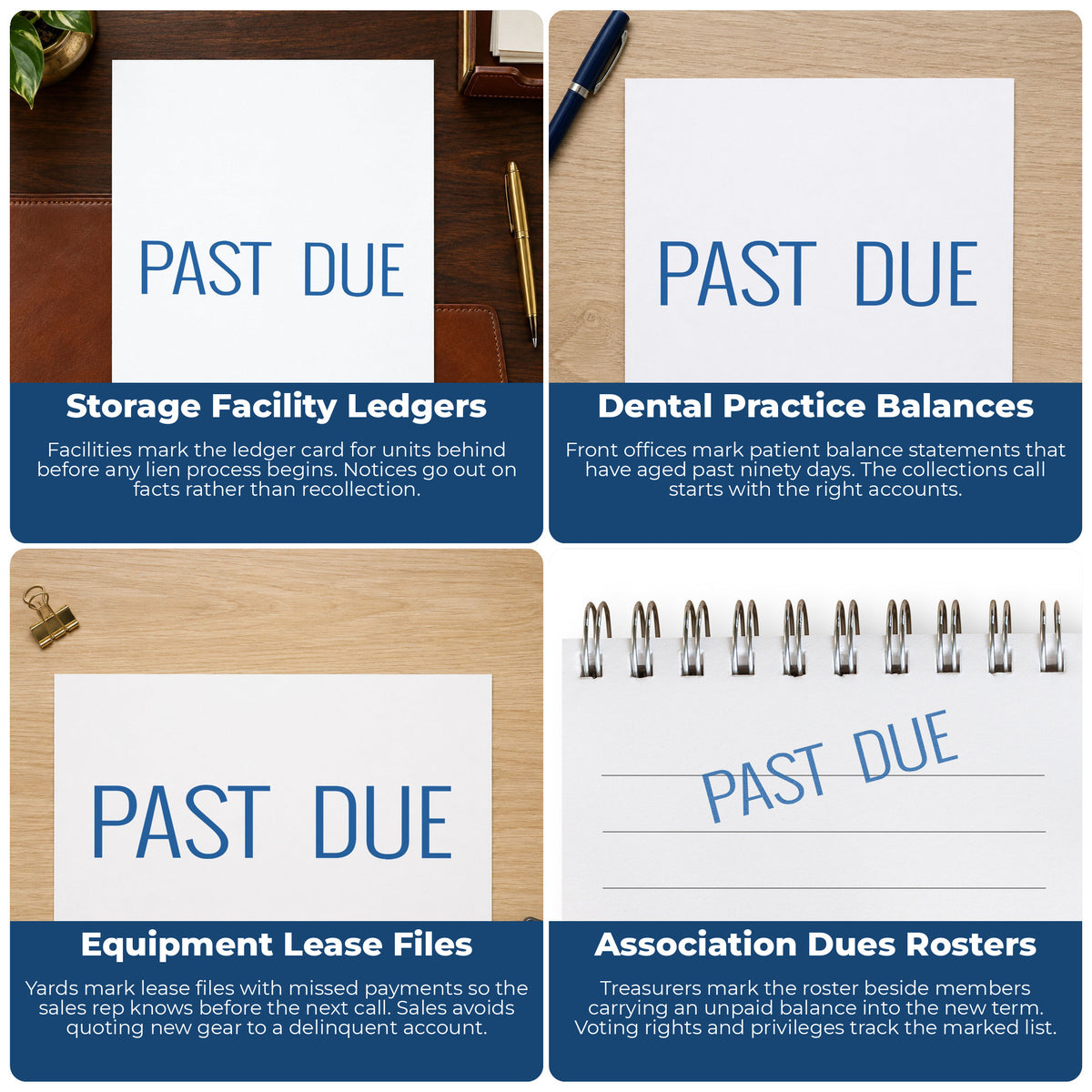 More ways to use the "Past due" imprint from the Past Due Billing Stamp – Blue Pre-Inked Xstamper