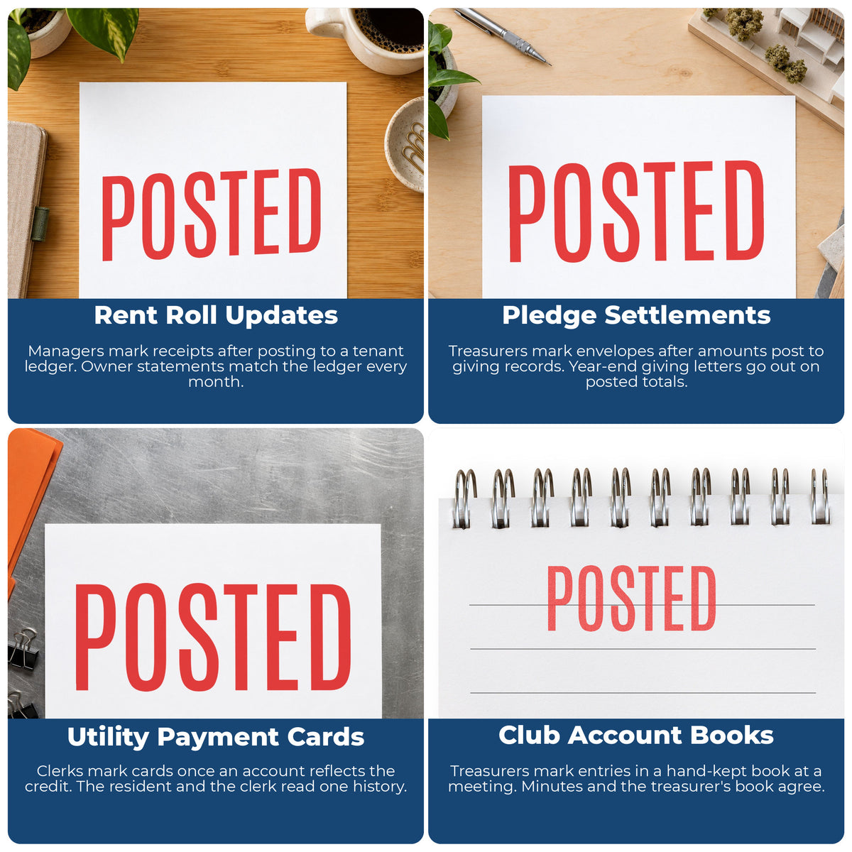 More ways to use the "Posted" imprint from the Posted Record Stamp – Red Pre-Inked Xstamper