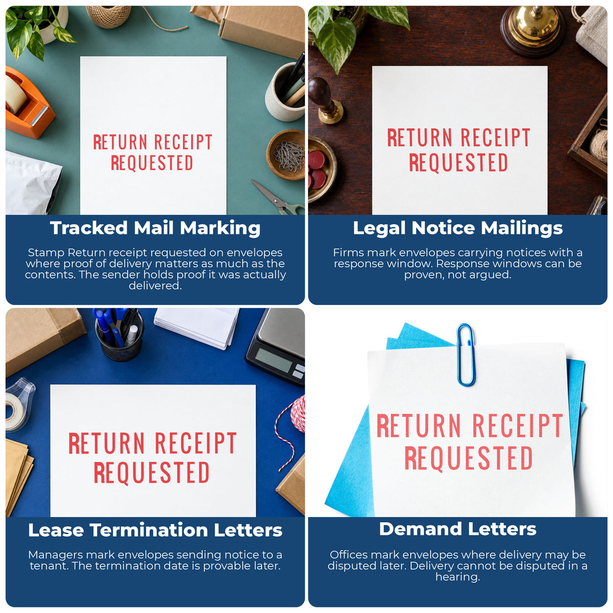 "Return receipt requested" stamp shown in use on office documents, Return Receipt Requested Stamp overview