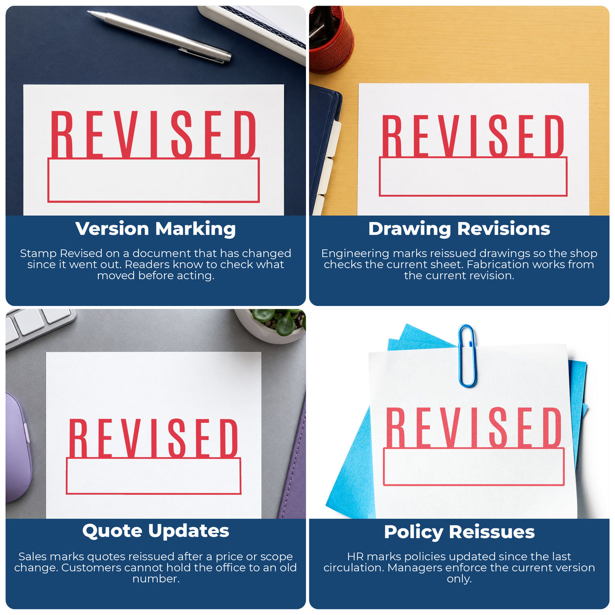 "Revised" stamp shown in use on office documents, Xstamper Revised Stamp overview