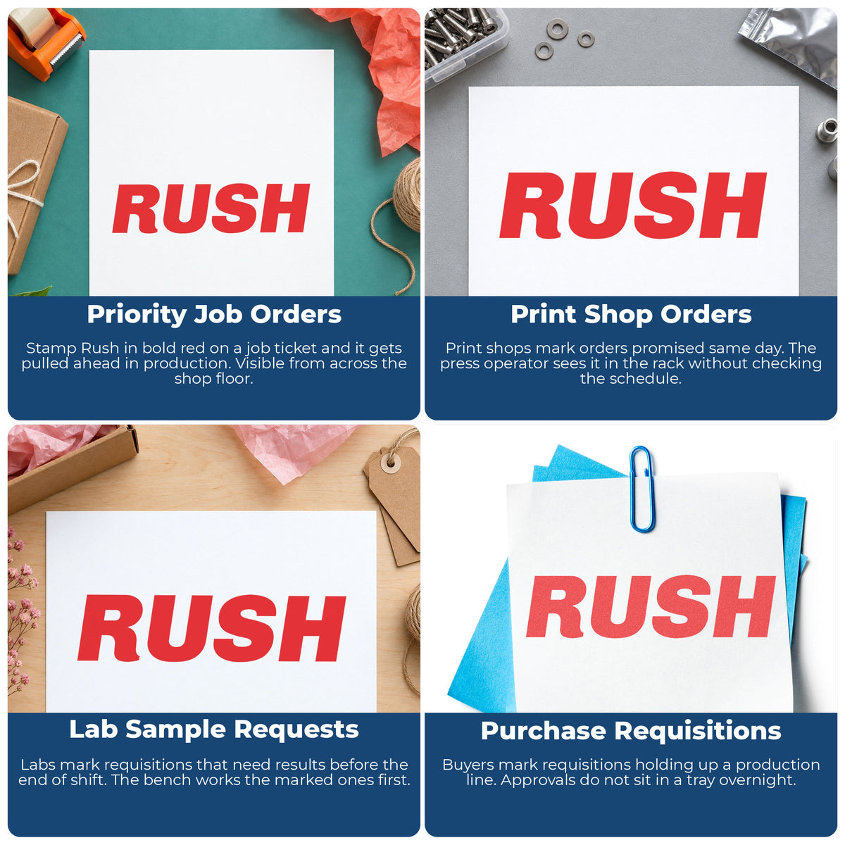 "Rush" stamp shown in use on office documents, Bold Red Rush Stamp overview