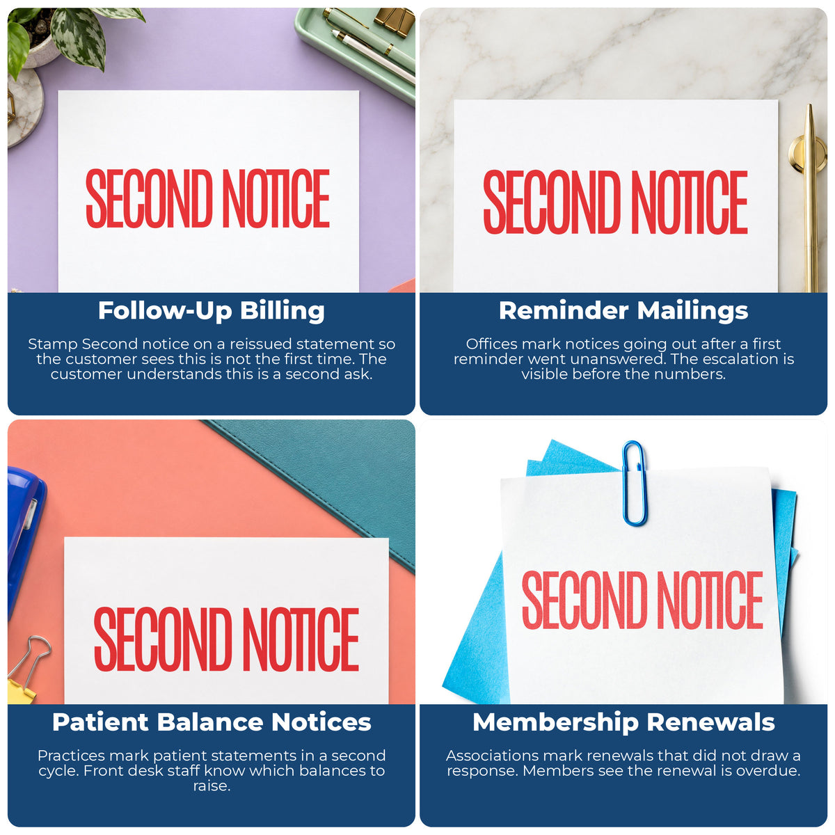 "Second notice" stamp shown in use on office documents, Second Notice Billing Stamp overview