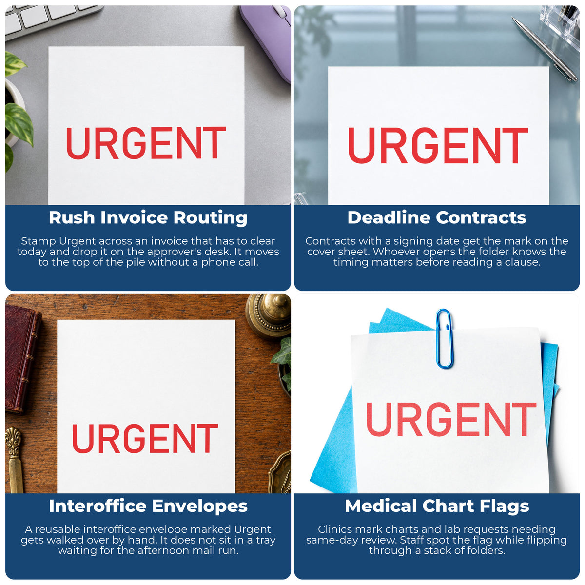 "Urgent" stamp shown in use on office documents, Xstamper Urgent Document Stamp overview
