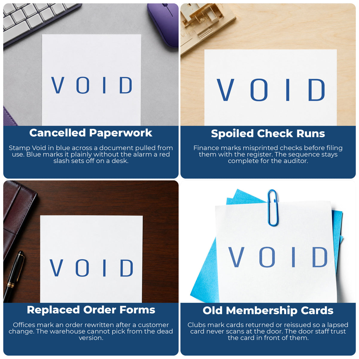 "Void" stamp shown in use on office documents, Xstamper Void Stamp – Blue Pre-Inked overview