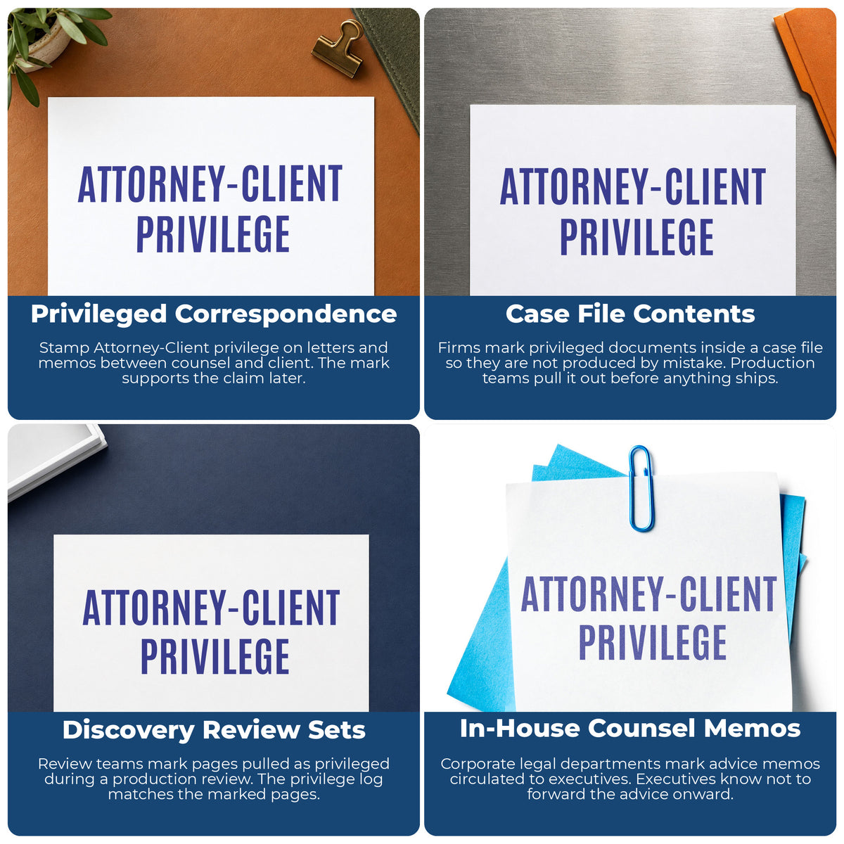"Attorney-client privilege" stamp shown in use on office documents, Attorney-Client Privilege Stamp overview