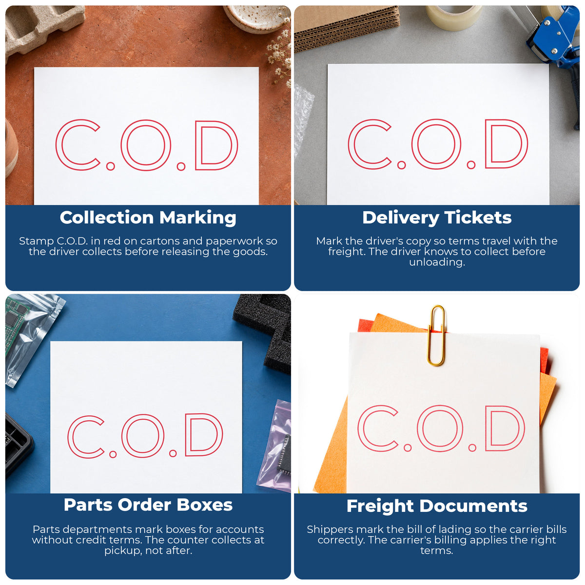 "C.O.D." stamp shown in use on office documents, C.O.D. Office Stamp – Red Pre-Inked Xstamper overview