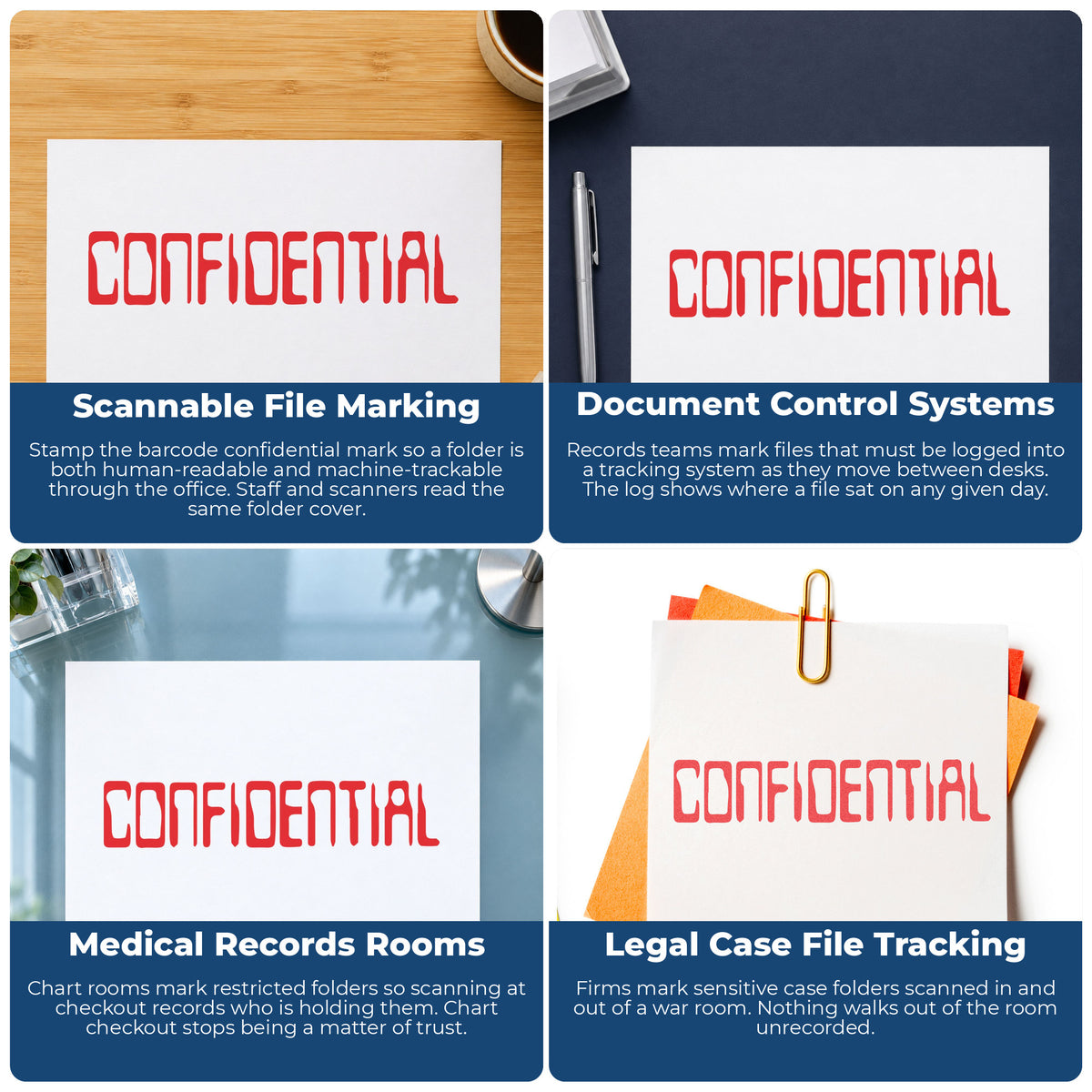 "Confidential" stamp shown in use on office documents, Confidential Document Stamp – Barcode Style Pre-Inked Xstamper over...