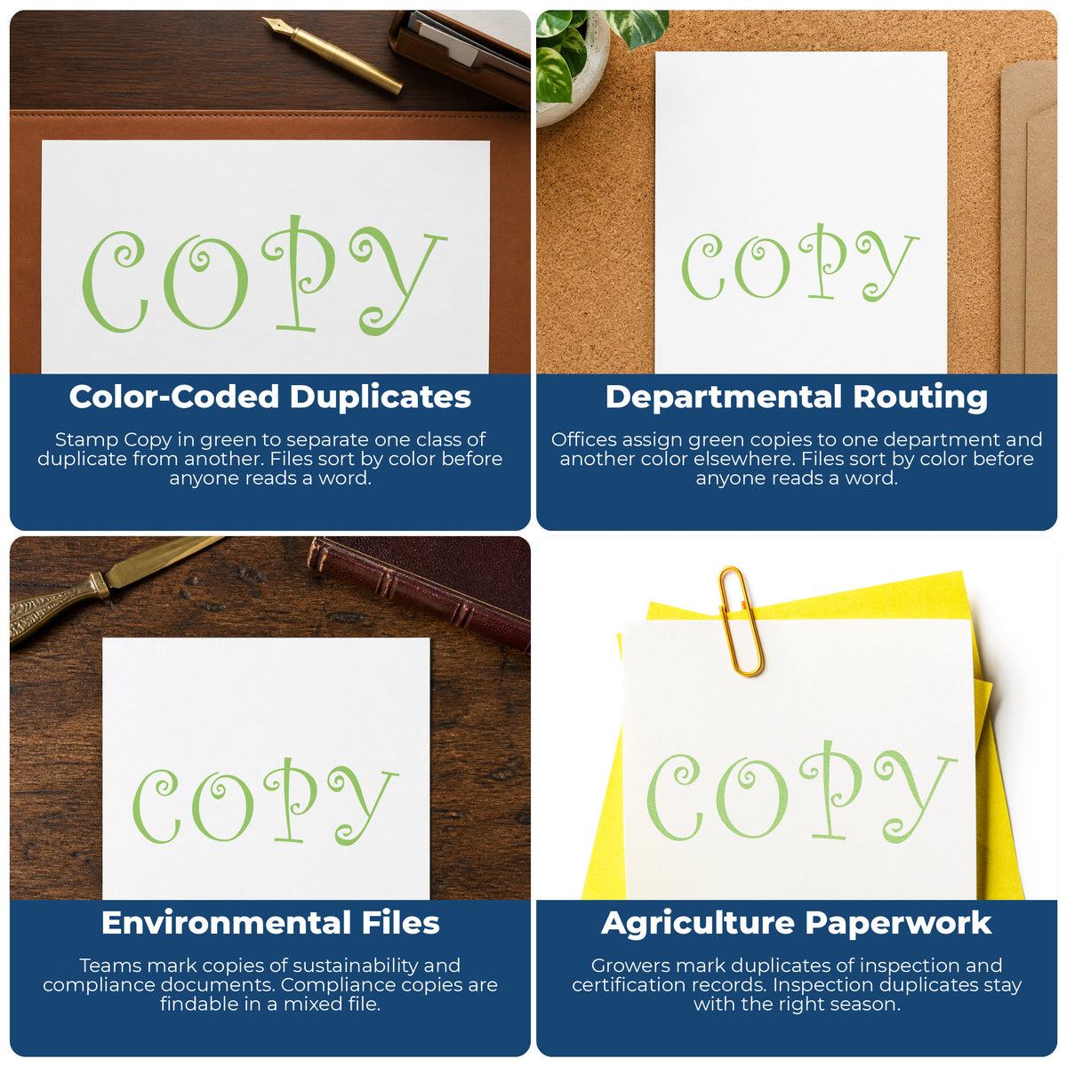 "Copy" stamp shown in use on office documents, Green Copy Stamp overview