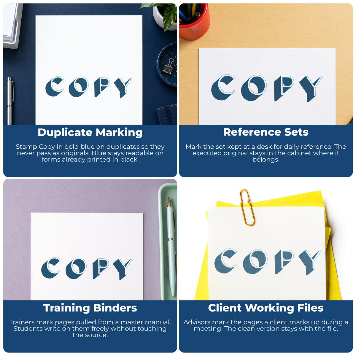 "Copy" stamp shown in use on office documents, Xstamper Copy Stamp – Bold Blue Pre-Inked overview