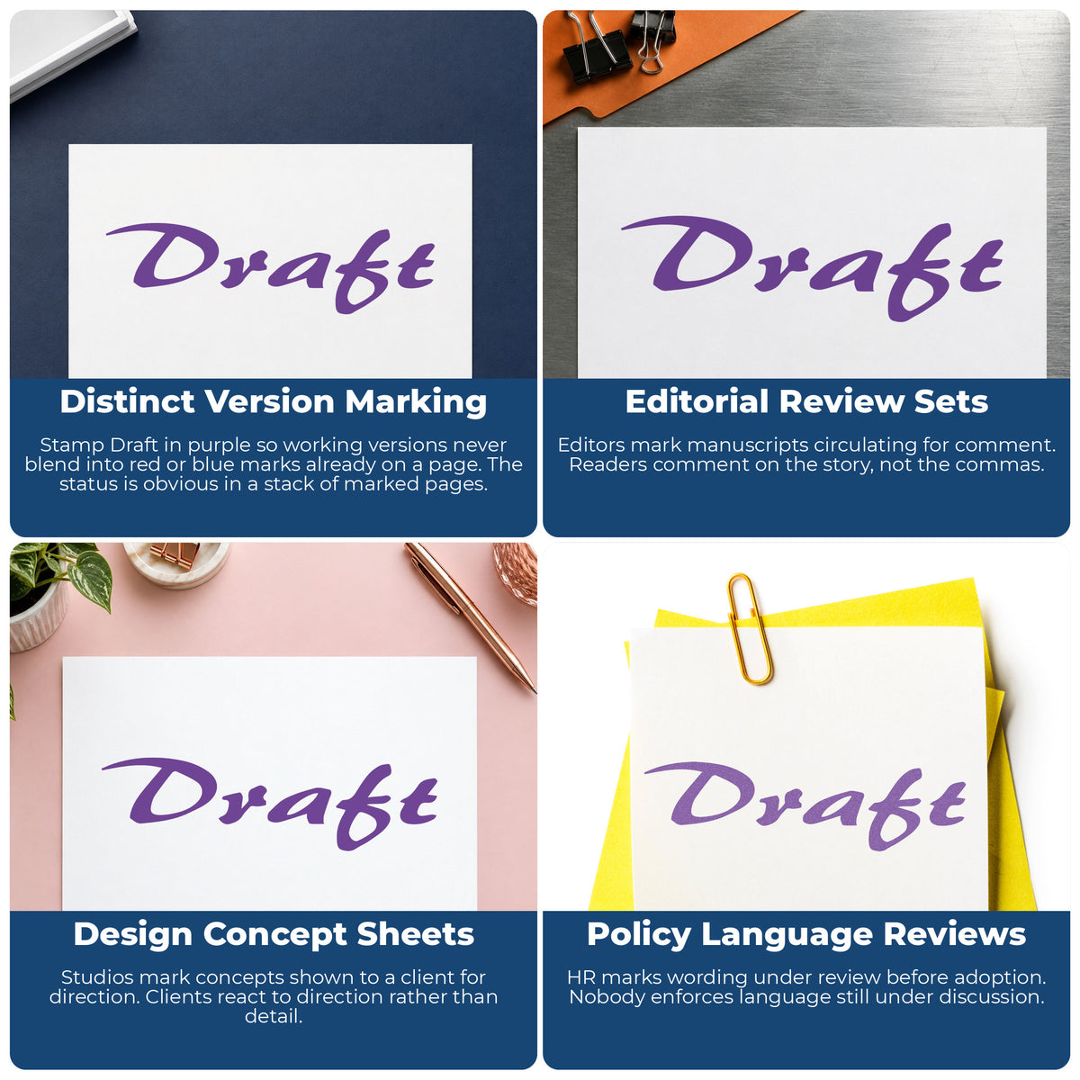 "Draft" stamp shown in use on office documents, Purple Draft Review Stamp overview