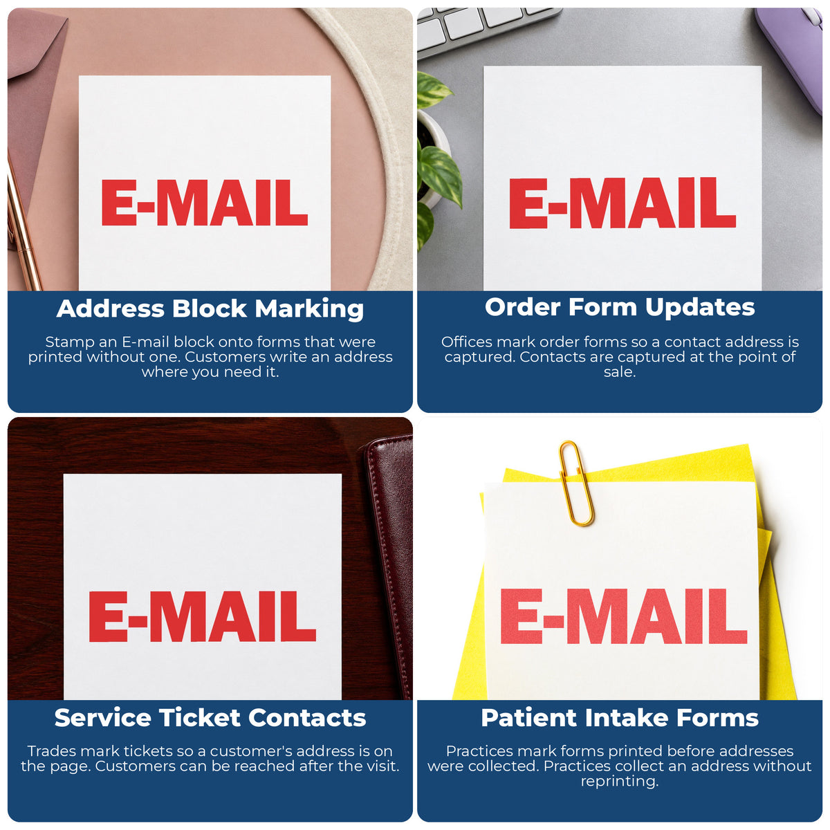 "E-mail" stamp shown in use on office documents, E-Mail Office Stamp overview