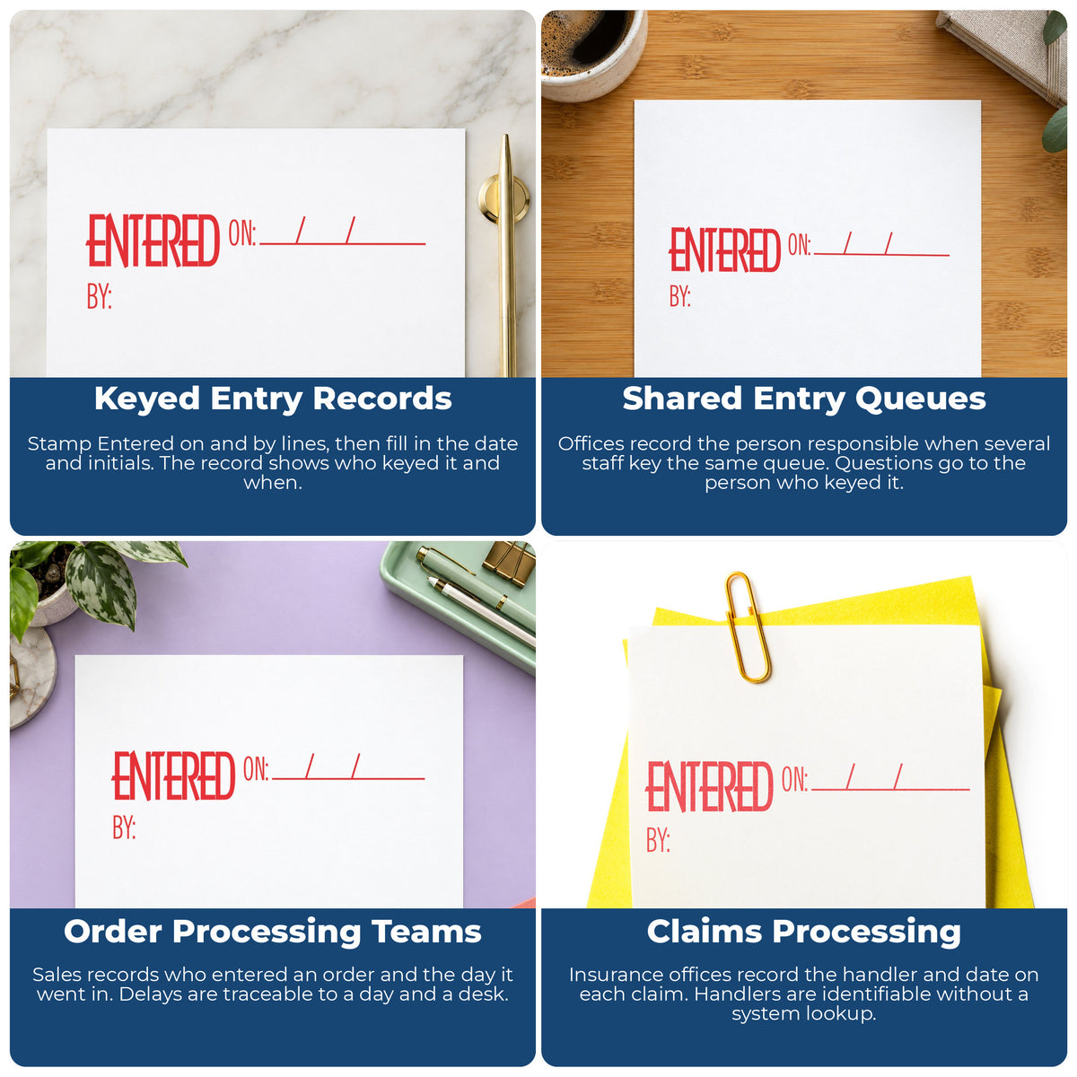 "Entered on: by:" stamp shown in use on office documents, Entered On: By: Stamp overview