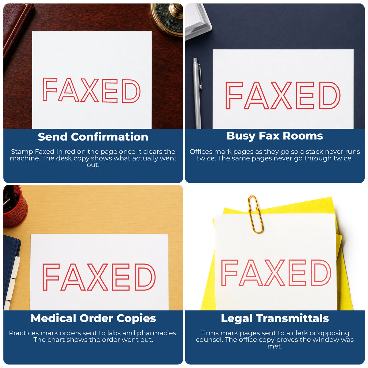 "Faxed" stamp shown in use on office documents, Faxed Stamp For Fax Paperwork – Red Pre-Inked Xstamper overview