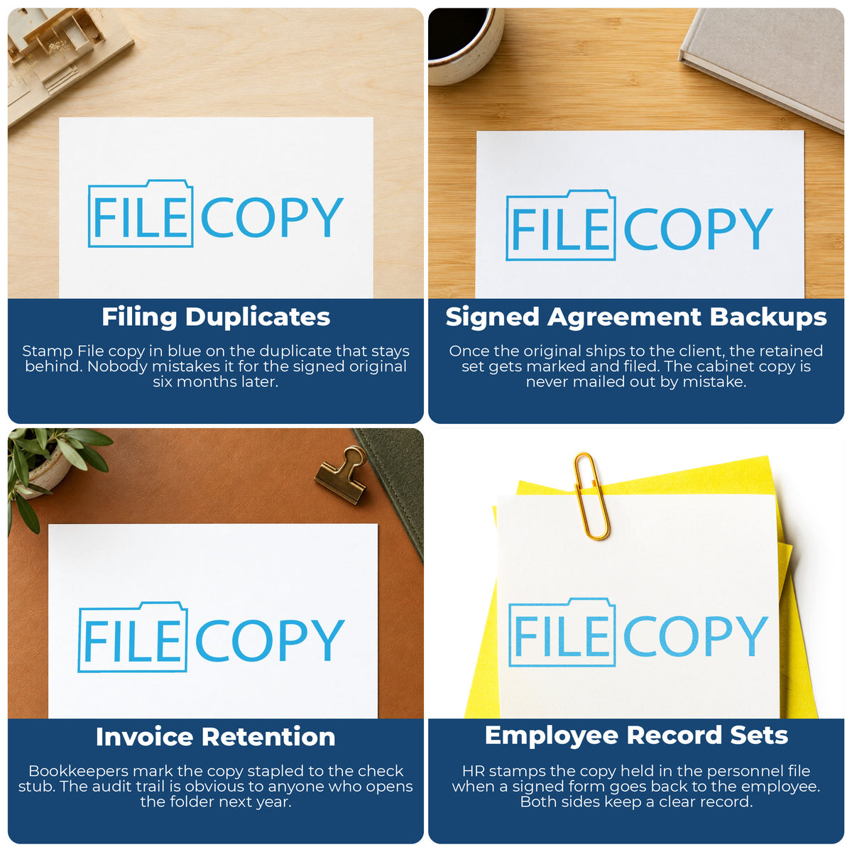 "File copy" stamp shown in use on office documents, Blue File Copy Stamp overview